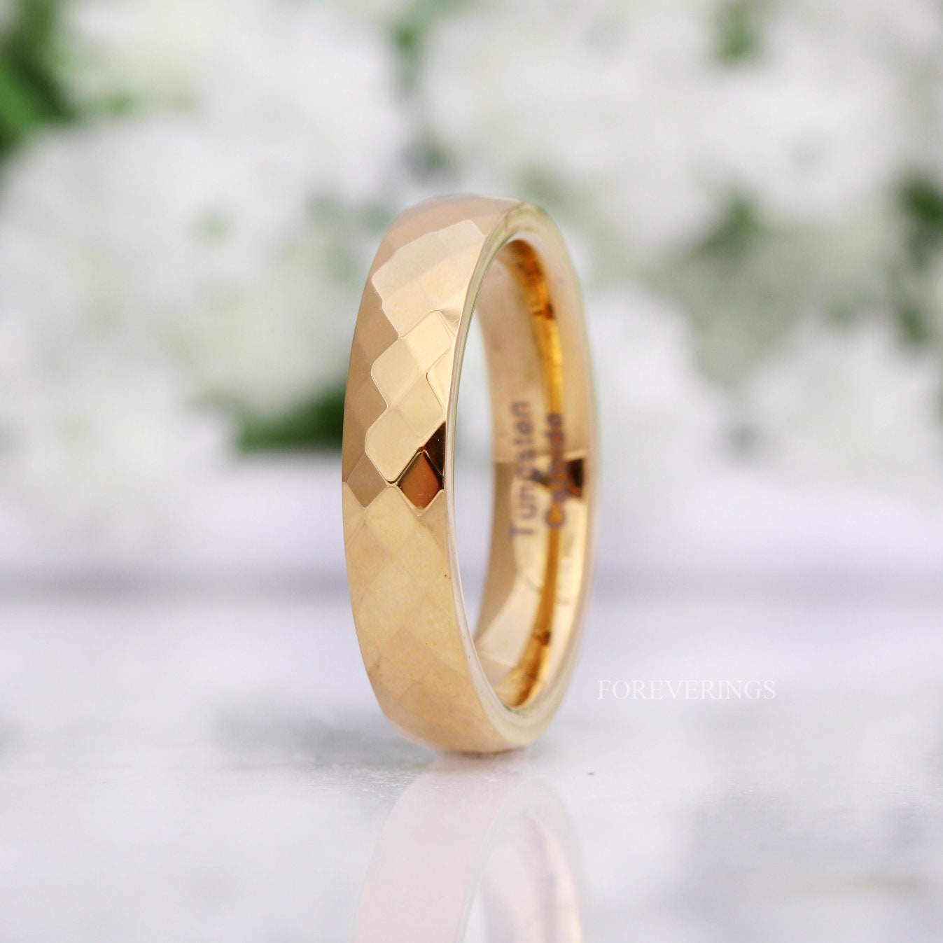 Gold Faceted Womens Wedding Band, 4mm Rose Gold or Gold Tungsten Ring, Minimalist Unique Womens Band, Ring Engraving