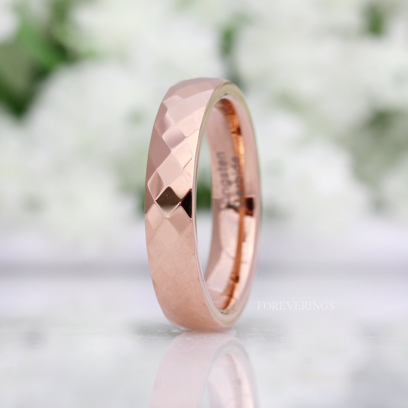 Gold Faceted Womens Wedding Band, 4mm Rose Gold or Gold Tungsten Ring, Minimalist Unique Womens Band, Ring Engraving