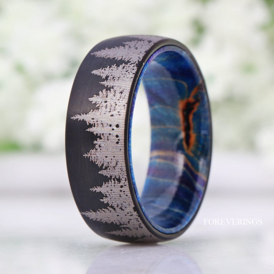 Black Forest Tree Ring with Blue Wood, Mens Wedding Band, Black Tungsten, 8mm 6mm, Dome, Brush, Pine Tree Nature Landscape Ring, Comfort Fit