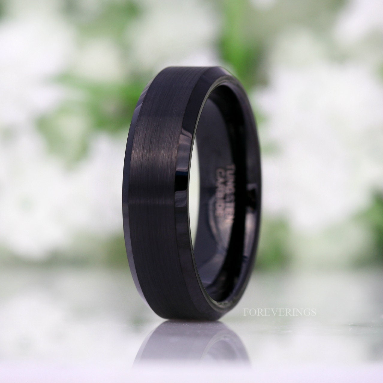 His and Hers Tungsten Wedding Band Set, 4mm, 6mm, Black Ring, Mens Womens Ring, Comfort Fit, Matte, Couples Ring, Beveled