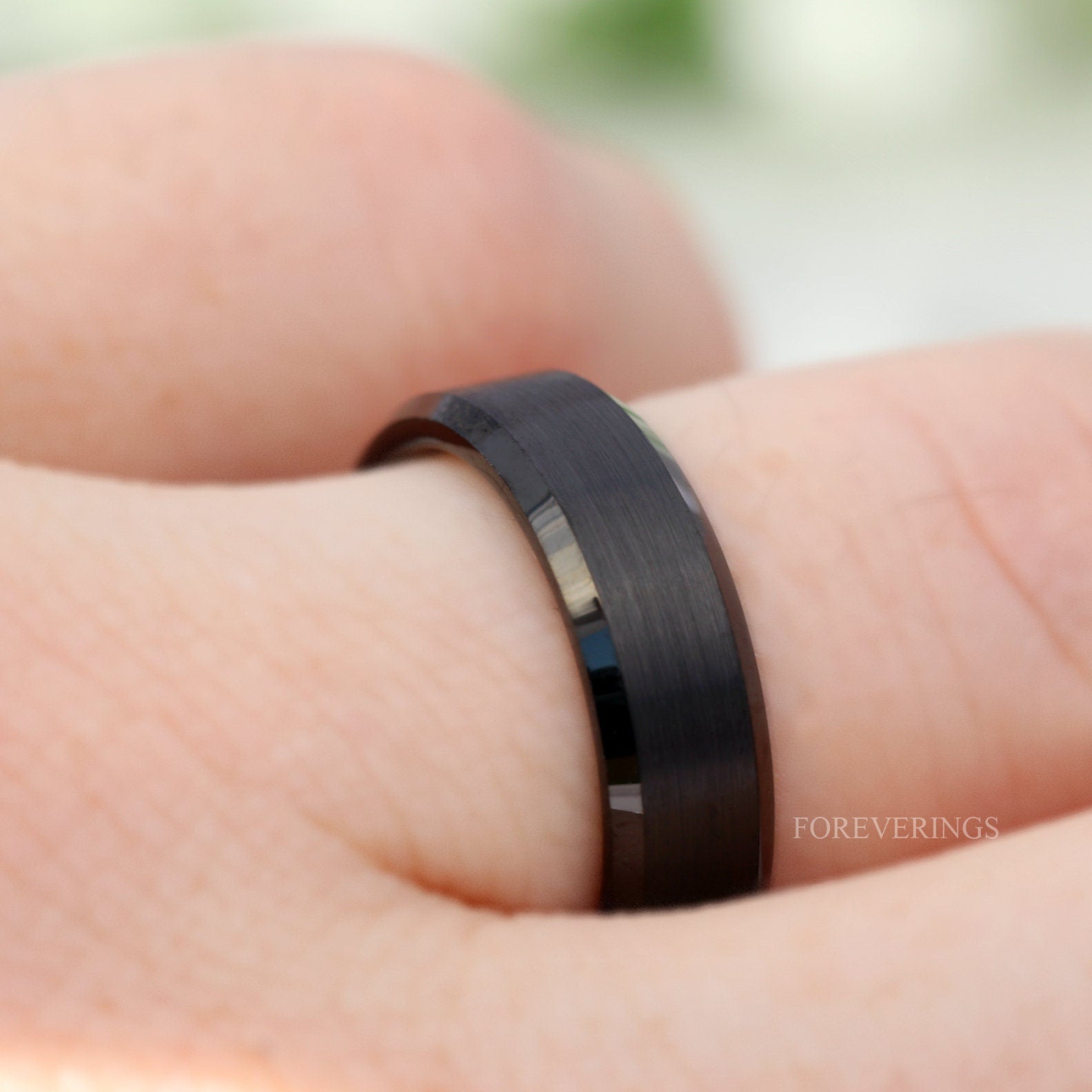 His and Hers Tungsten Wedding Band Set, 4mm, 6mm, Black Ring, Mens Womens Ring, Comfort Fit, Matte, Couples Ring, Beveled