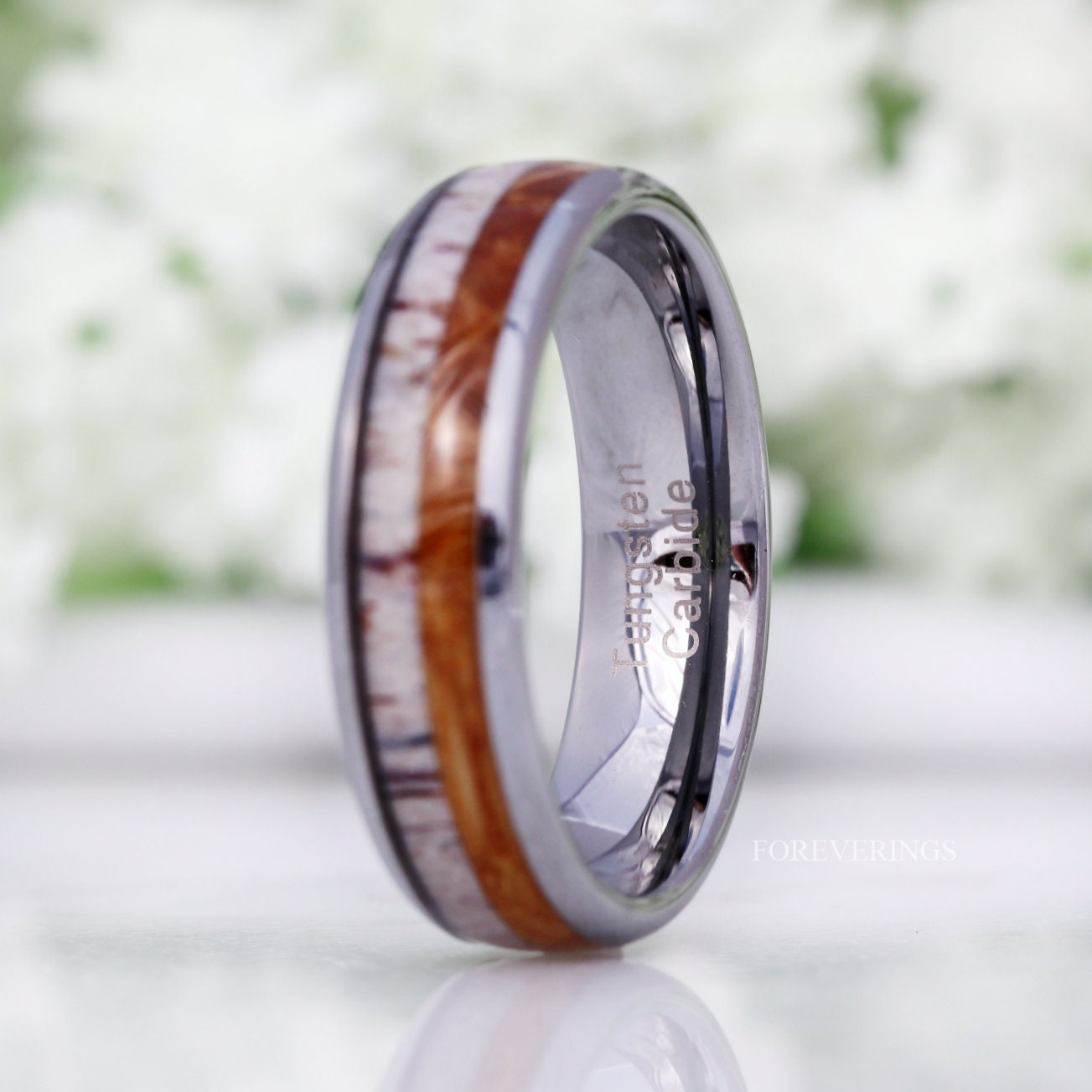 Whiskey Barrel and Antler Ring, 6mm Mens Wedding Band, Wood and Antler Ring, No Plating, Unique Silver Tungsten Ring, Comfort Fit, Dome