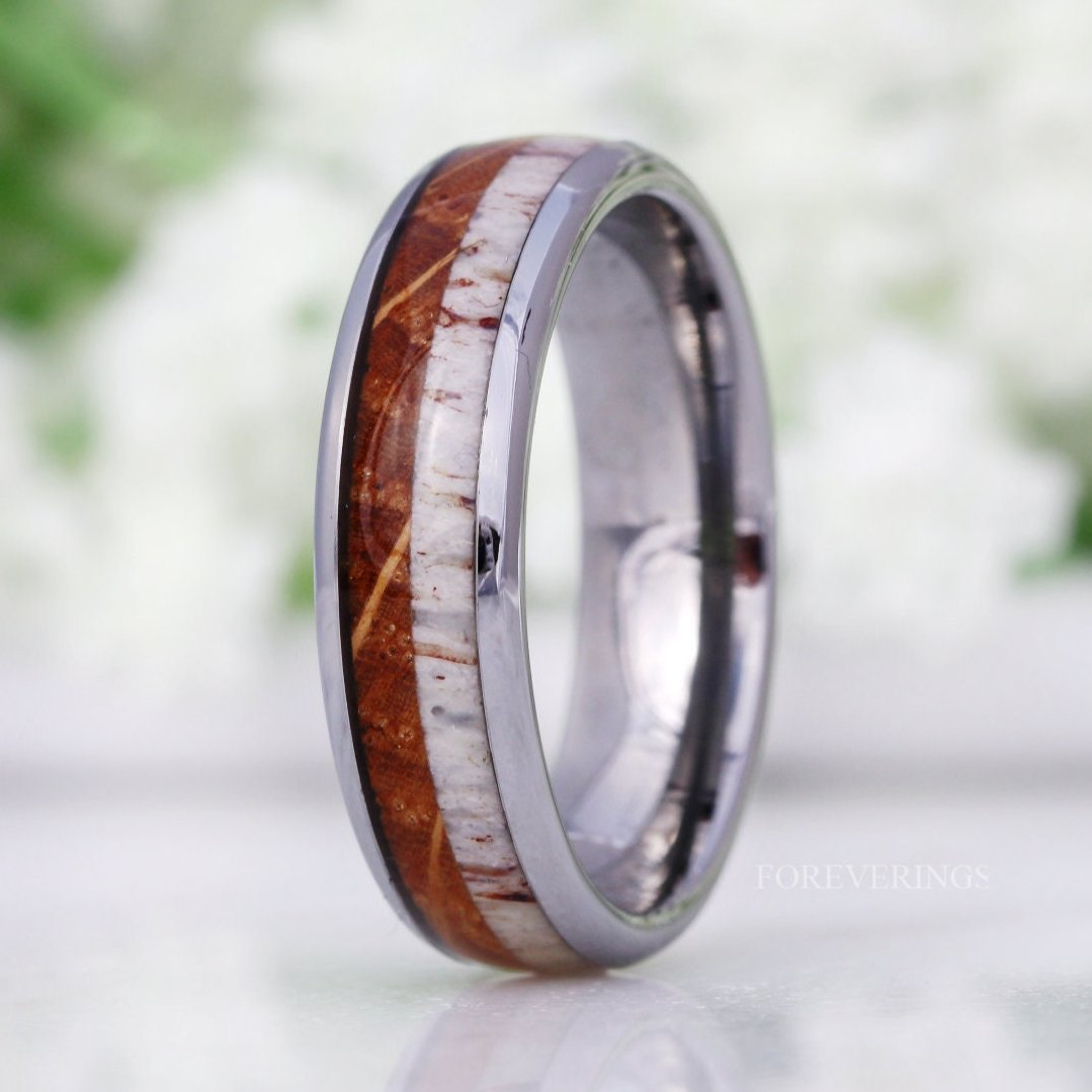 Whiskey Barrel and Antler Ring, 6mm Mens Wedding Band, Wood and Antler Ring, No Plating, Unique Silver Tungsten Ring, Comfort Fit, Dome