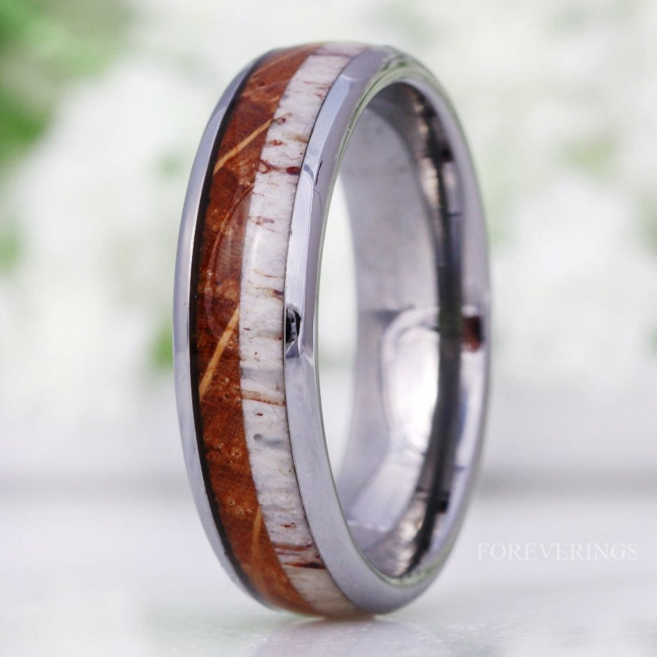 Whiskey Barrel and Antler Ring, 6mm Mens Wedding Band, Wood and Antler Ring, No Plating, Unique Silver Tungsten Ring, Comfort Fit, Dome