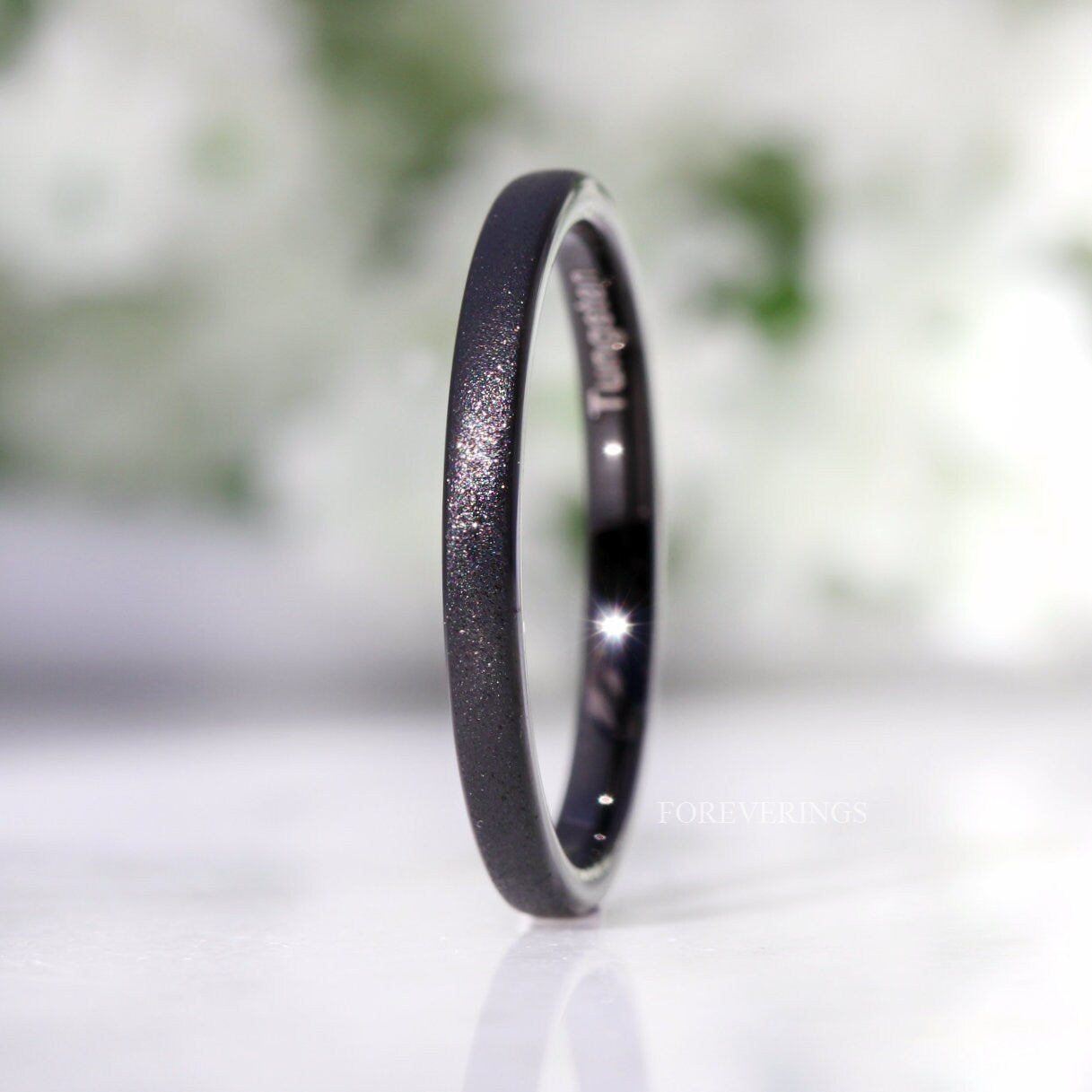 Black Sandblasted Tungsten Ring, 2mm Thin Wedding Band, Black Sparkling Band, Men Women Ring, Domed, Minimalist Unique Ring, Ring Engraving