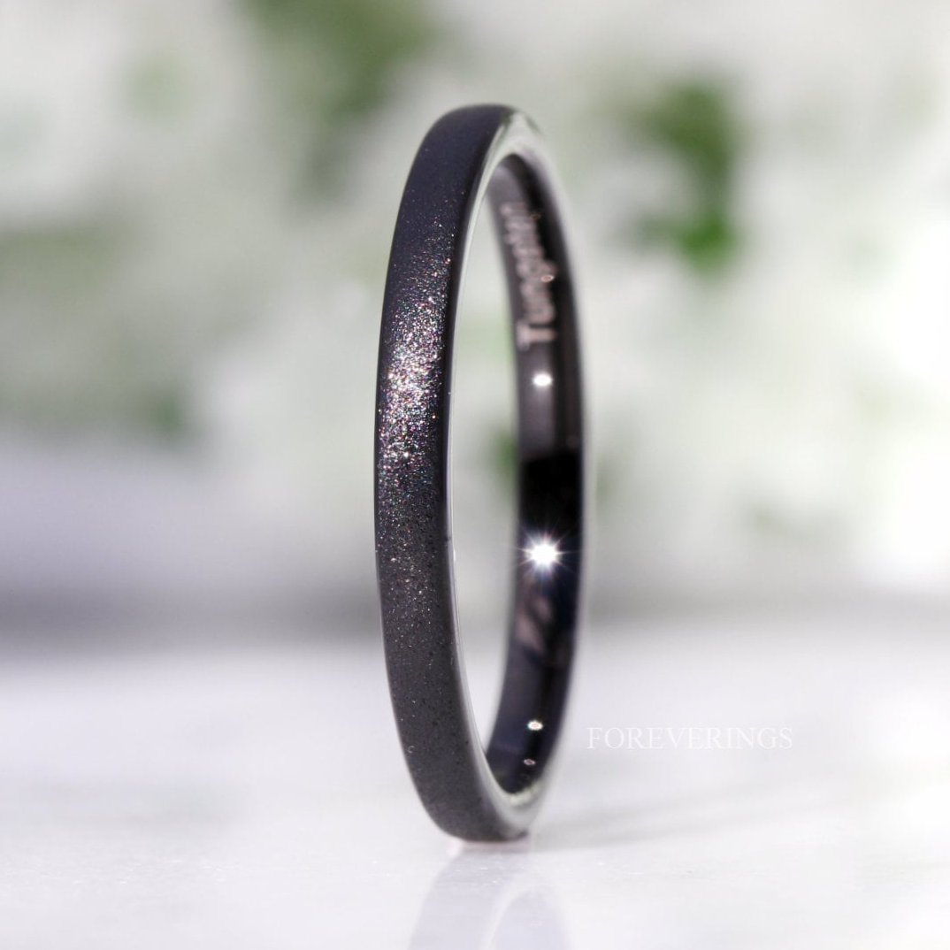 Black Sandblasted Tungsten Ring, 2mm Thin Wedding Band, Black Sparkling Band, Men Women Ring, Domed, Minimalist Unique Ring, Ring Engraving