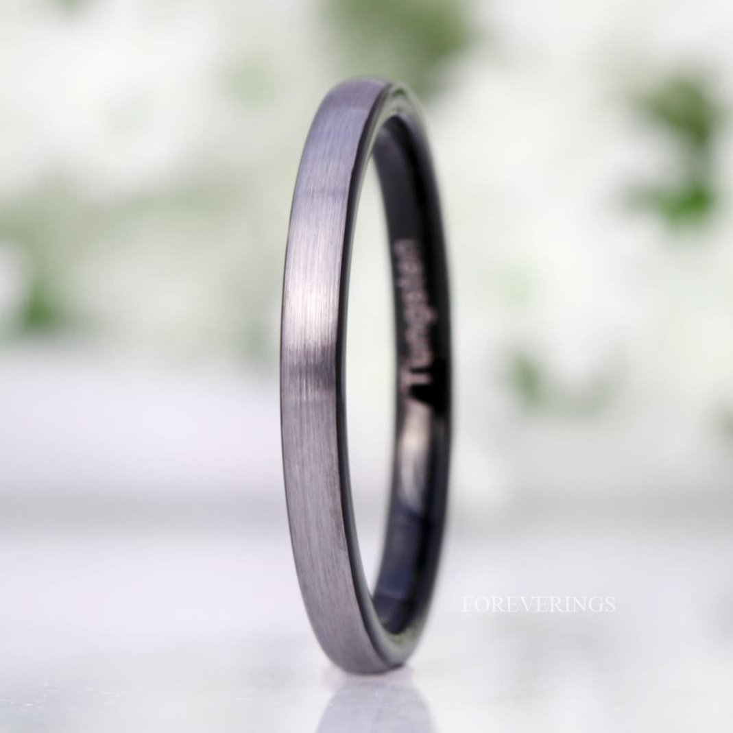 Black Silver Ring, Two Tone Thin Wedding Band, Matte Tungsten Ring, 2mm 4mm Mens Womens Wedding Band, Simple Two Tone Ring, Ring Engraving