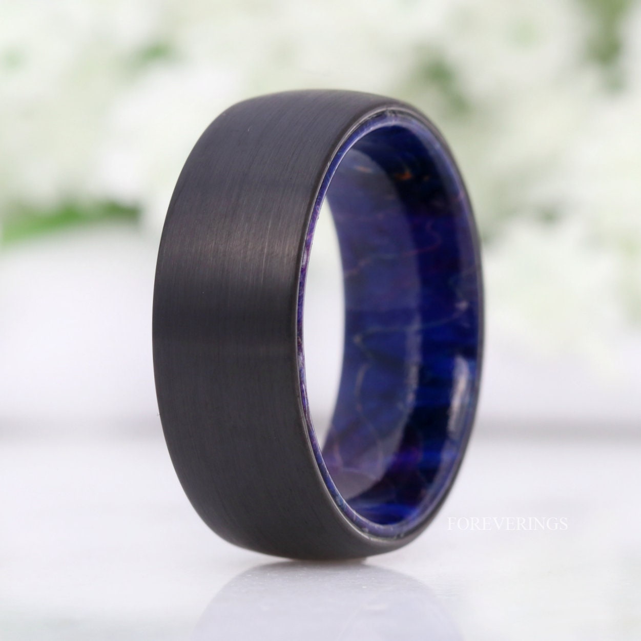 Men Wood Ring, Black Wedding Band, Anniversary Gift, Black and Blue Ring, Unique Tungsten Ring, Brushed, Dome, Blue Wood Lined Wedding Band