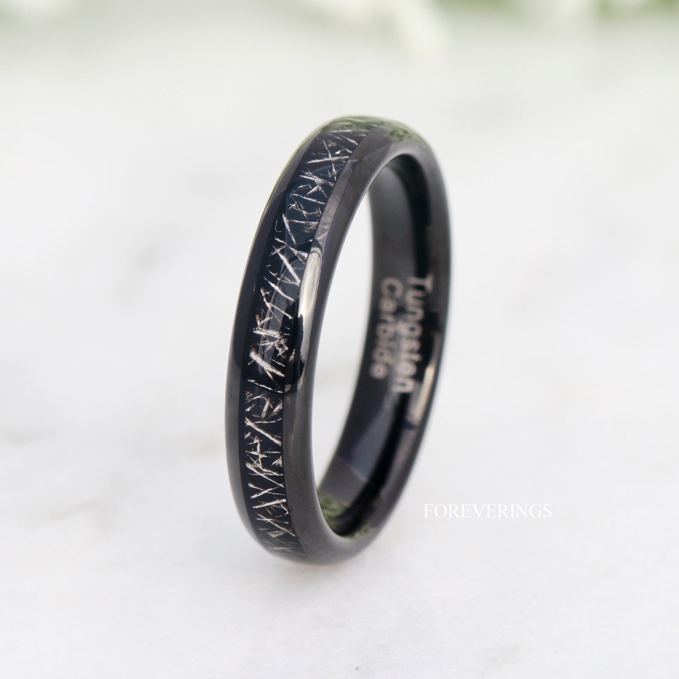 Tungsten Wedding Band, Black Meteorite, 4mm Black Tungsten Ring, Women Men Band, Comfort Fit, Polished, Domed, Birthday Anniversary Gift