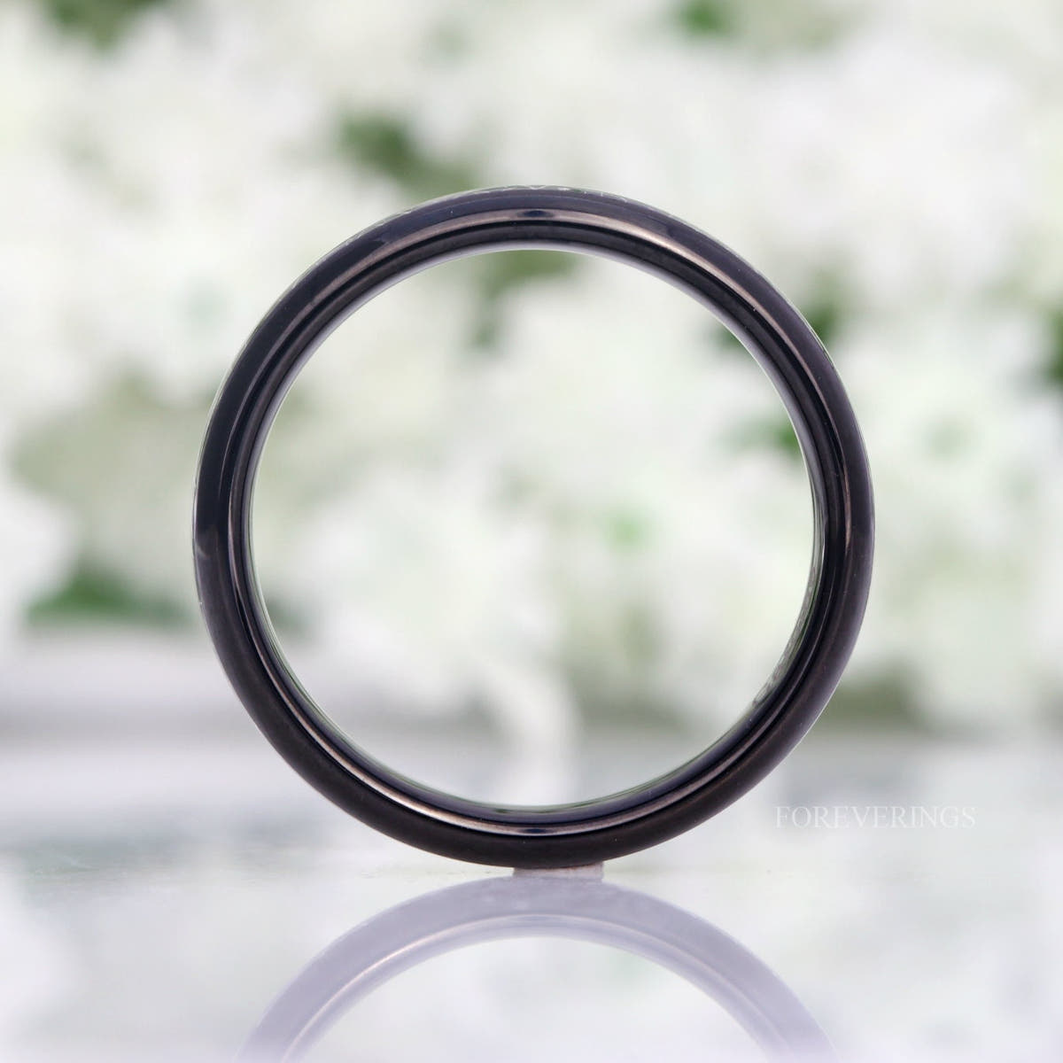 Black tungsten meteorite-look band standing face-on, full circle view
