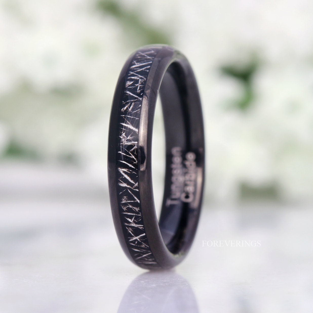 Tungsten Wedding Band, Black Meteorite, 4mm Black Tungsten Ring, Women Men Band, Comfort Fit, Polished, Domed, Birthday Anniversary Gift