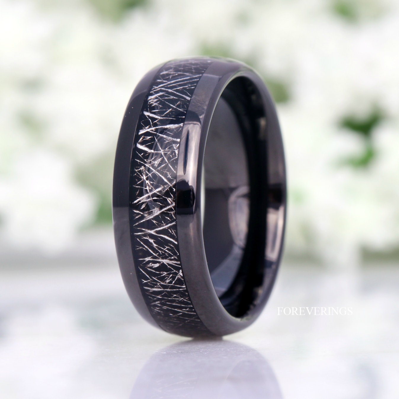 Mens Tungsten Wedding Band, Black Meteorite, 8mm Black Tungsten Ring, Comfort Fit, Domed, Polished, Anniversary Birthday Gift for Him