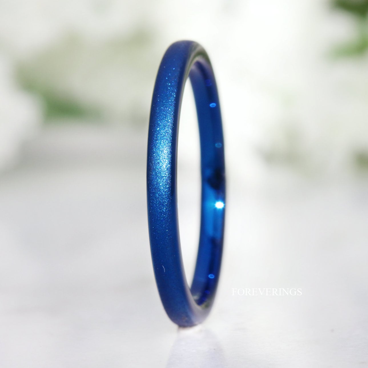 Thin Blue Sandblasted Ring, Woman Wedding Band, Sparkling Blue Band, Simple Blue Ring, Stackable, Unique Ring, Ring Engraving