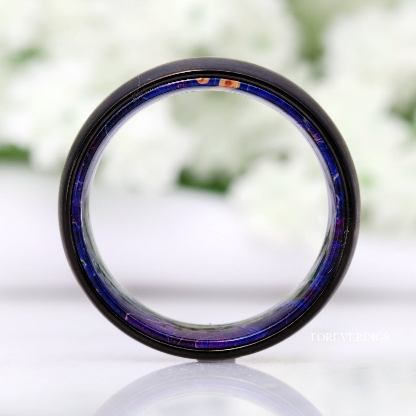 Men Wood Ring, Black Wedding Band, Anniversary Gift, Black and Blue Ring, Unique Tungsten Ring, Brushed, Dome, Blue Wood Lined Wedding Band