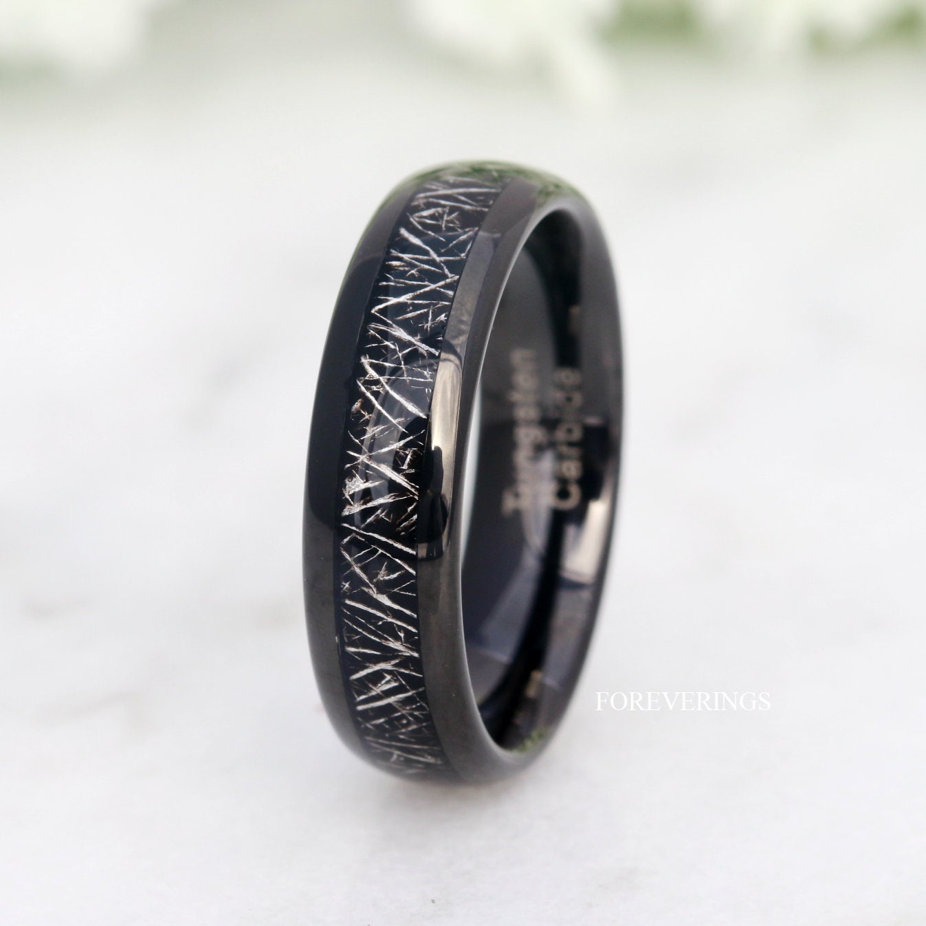 Tungsten Wedding Band, Black Meteorite, 6mm Black Tungsten Ring, Men Ring, Comfort Fit, Polished, Domed, Birthday Anniversary Gift for Him