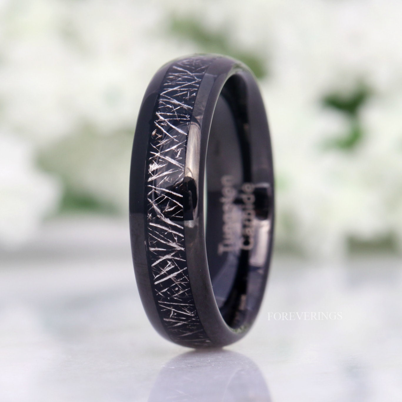 Tungsten Wedding Band, Black Meteorite, 6mm Black Tungsten Ring, Men Ring, Comfort Fit, Polished, Domed, Birthday Anniversary Gift for Him