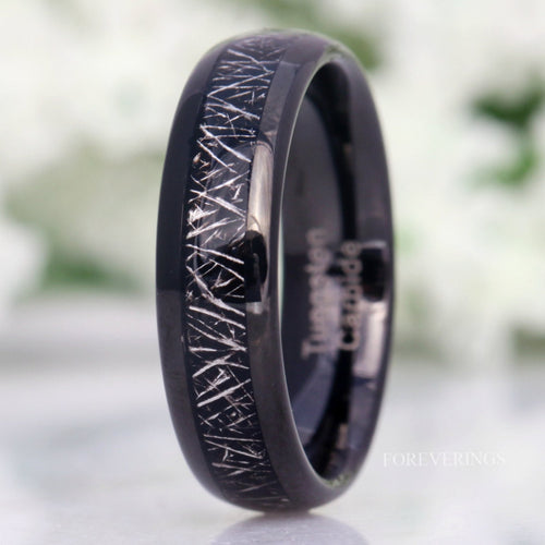 Tungsten Wedding Band, Black Meteorite, 6mm Black Tungsten Ring, Men Ring, Comfort Fit, Polished, Domed, Birthday Anniversary Gift for Him