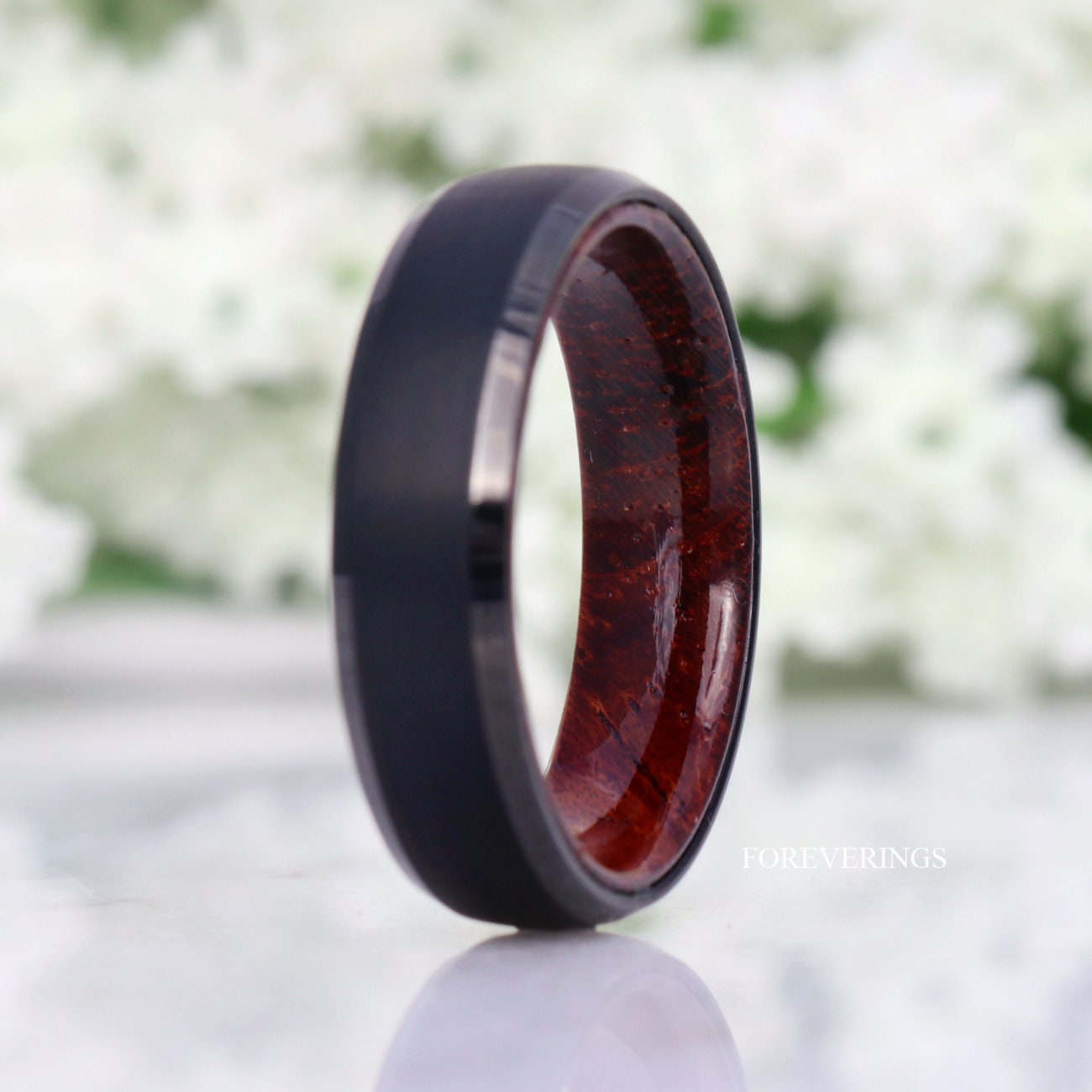 Men Wood Ring, Black Tungsten Wedding Band, Rosewood Ring, Comfort Fit, Brushed Matte, Dome, Bevel, Birthday Anniversary Gift for Him