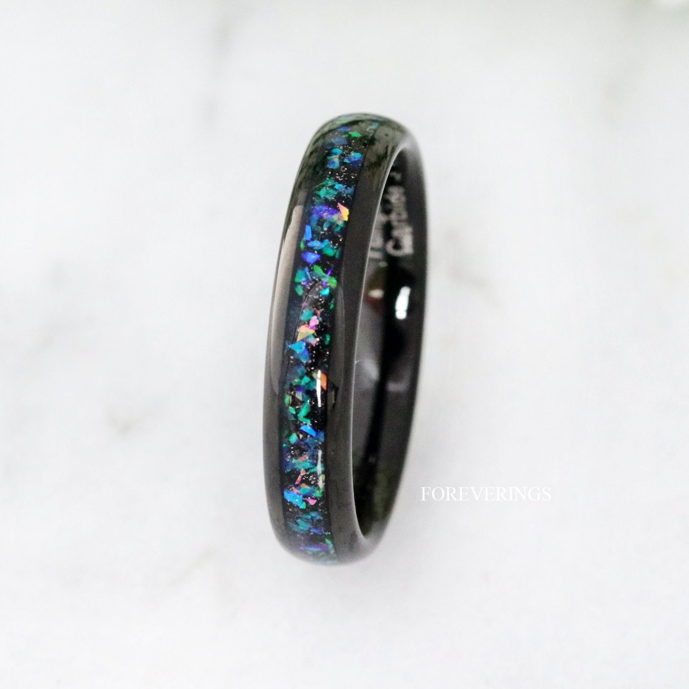 Galaxy Opal Ring, 4mm Tungsten Wedding Band, Women Men Ring, Black Tungsten Ring, Domed, Polished, Comfort Fit, Birthday Anniversary Gift