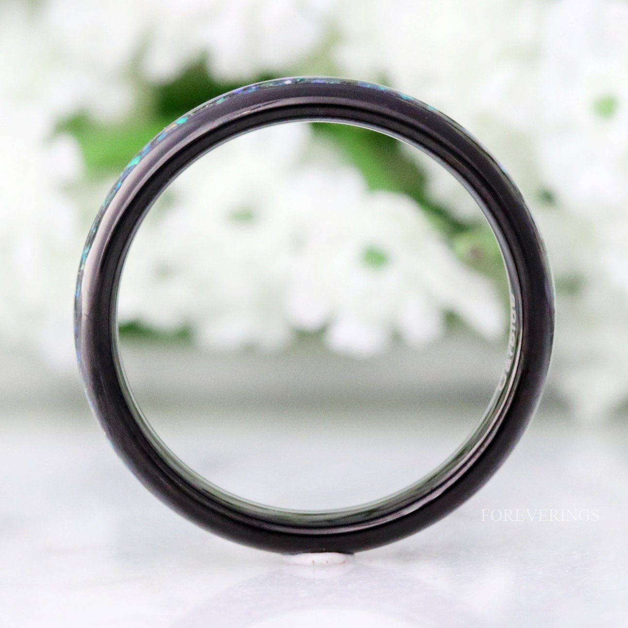 Galaxy Opal Ring, 4mm Tungsten Wedding Band, Women Men Ring, Black Tungsten Ring, Domed, Polished, Comfort Fit, Birthday Anniversary Gift