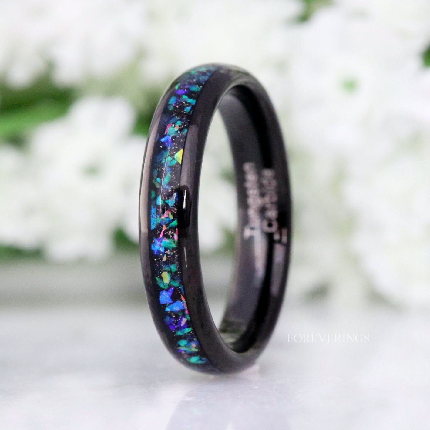 Galaxy Opal Ring, 4mm Tungsten Wedding Band, Women Men Ring, Black Tungsten Ring, Domed, Polished, Comfort Fit, Birthday Anniversary Gift