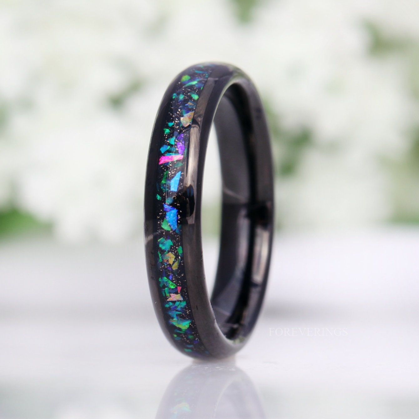 Galaxy Opal Ring, 4mm Tungsten Wedding Band, Women Men Ring, Black Tungsten Ring, Domed, Polished, Comfort Fit, Birthday Anniversary Gift