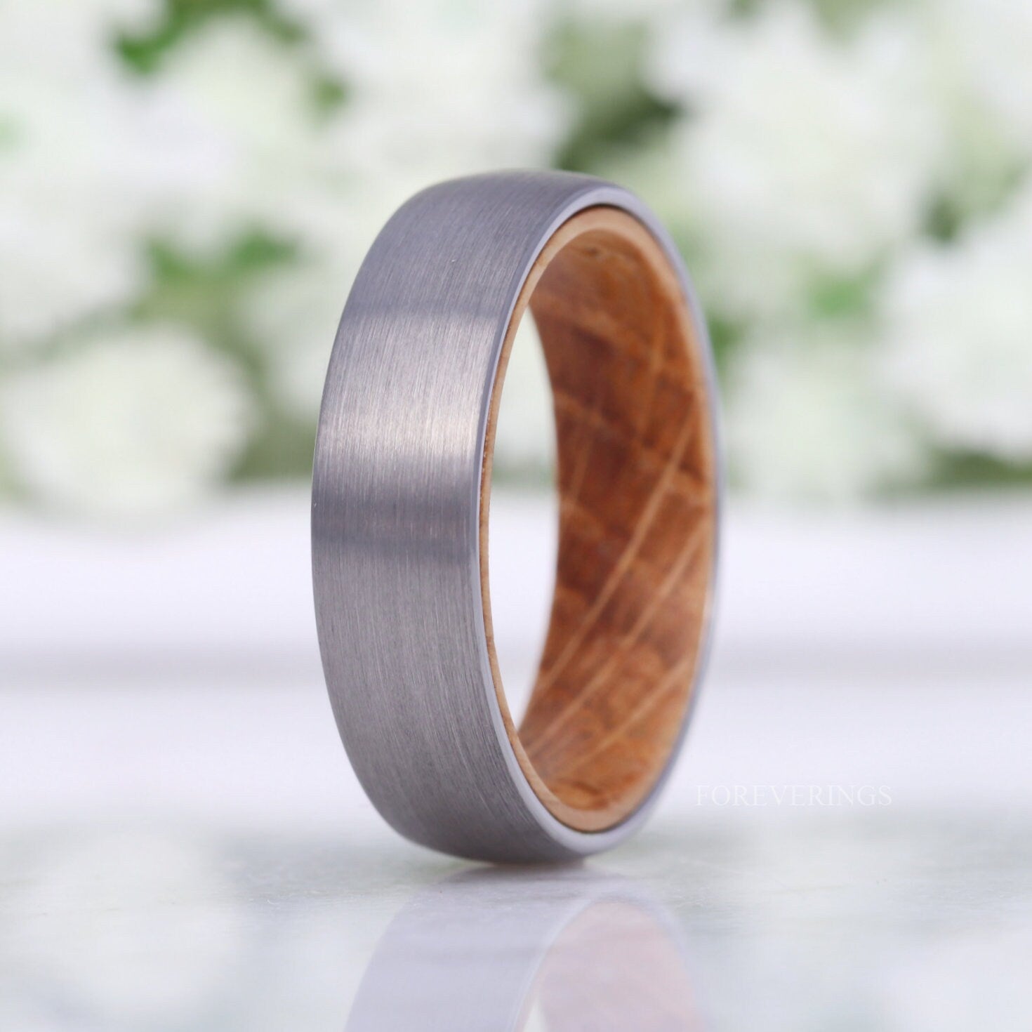 Mens Wood Whiskey Barrel Ring, Men Tungsten Wedding Band, Wood Ring, No Plating, Matte Brushed, Comfort Fit, Domed, Anniversary Gift for Him