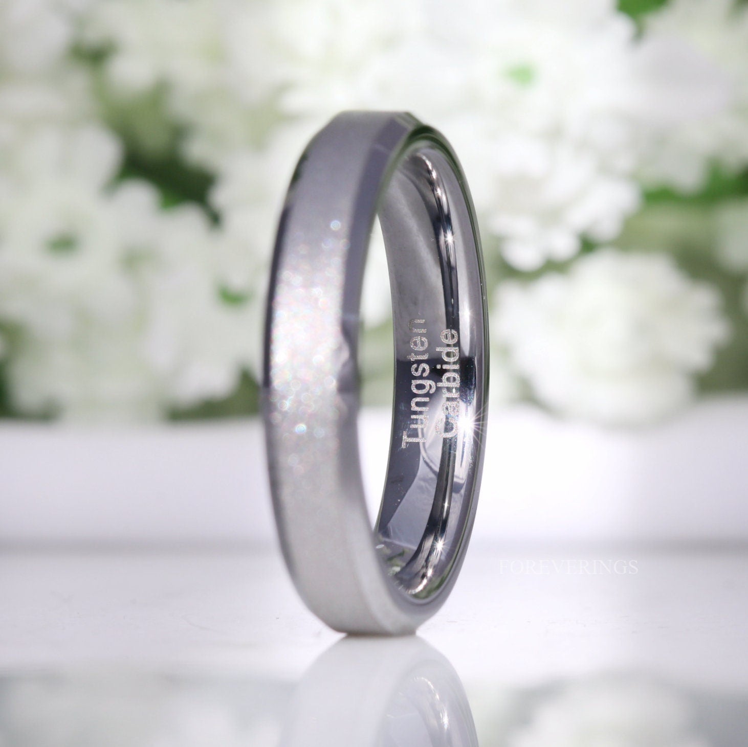 Silver Sandblasted Ring, 4mm Tungsten Band, Mens Womens Wedding Band, Simple and Unique Silver Ring, Flat, Beveled, Custom Engraved Ring