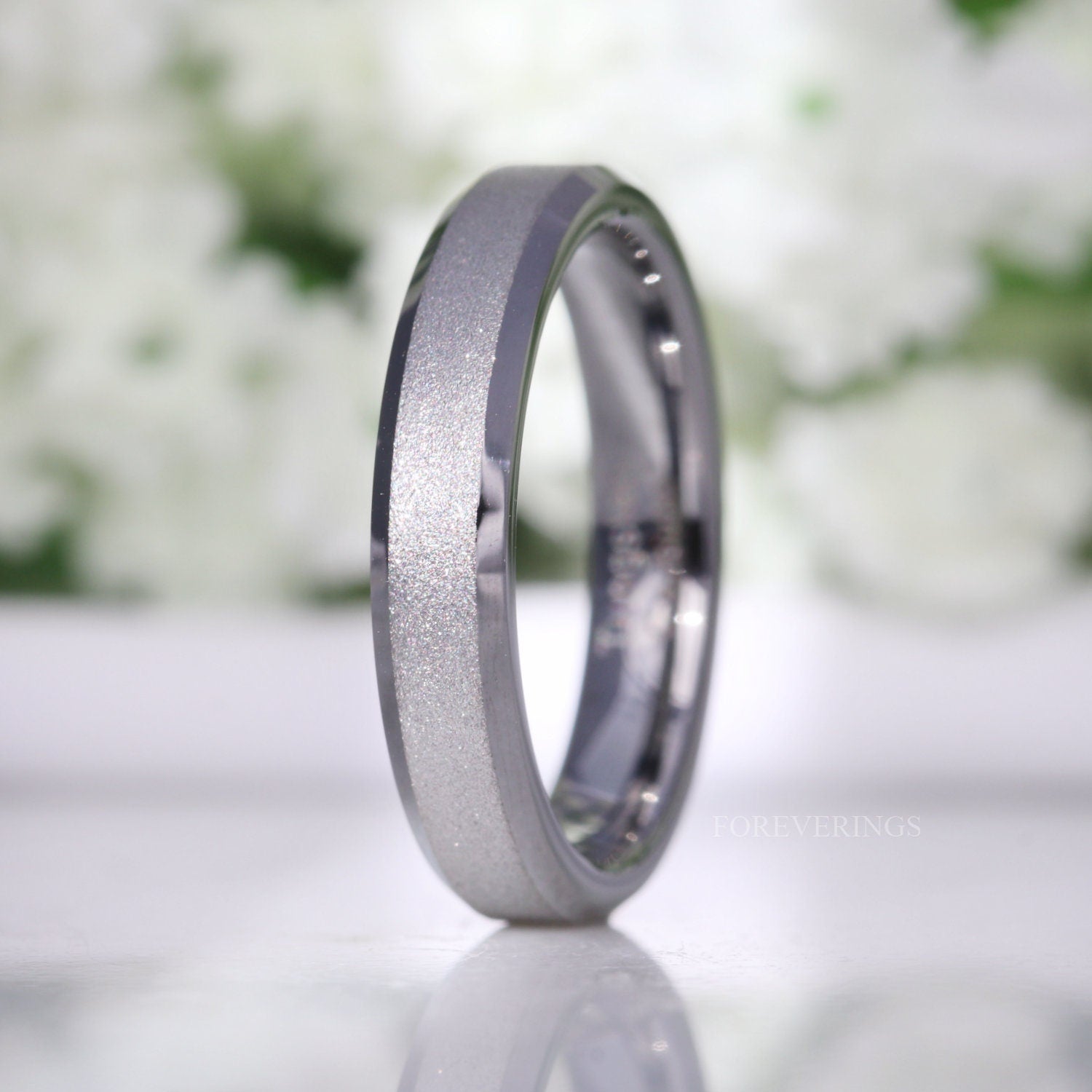 Silver Sandblasted Ring, 4mm Tungsten Band, Mens Womens Wedding Band, Simple and Unique Silver Ring, Flat, Beveled, Custom Engraved Ring