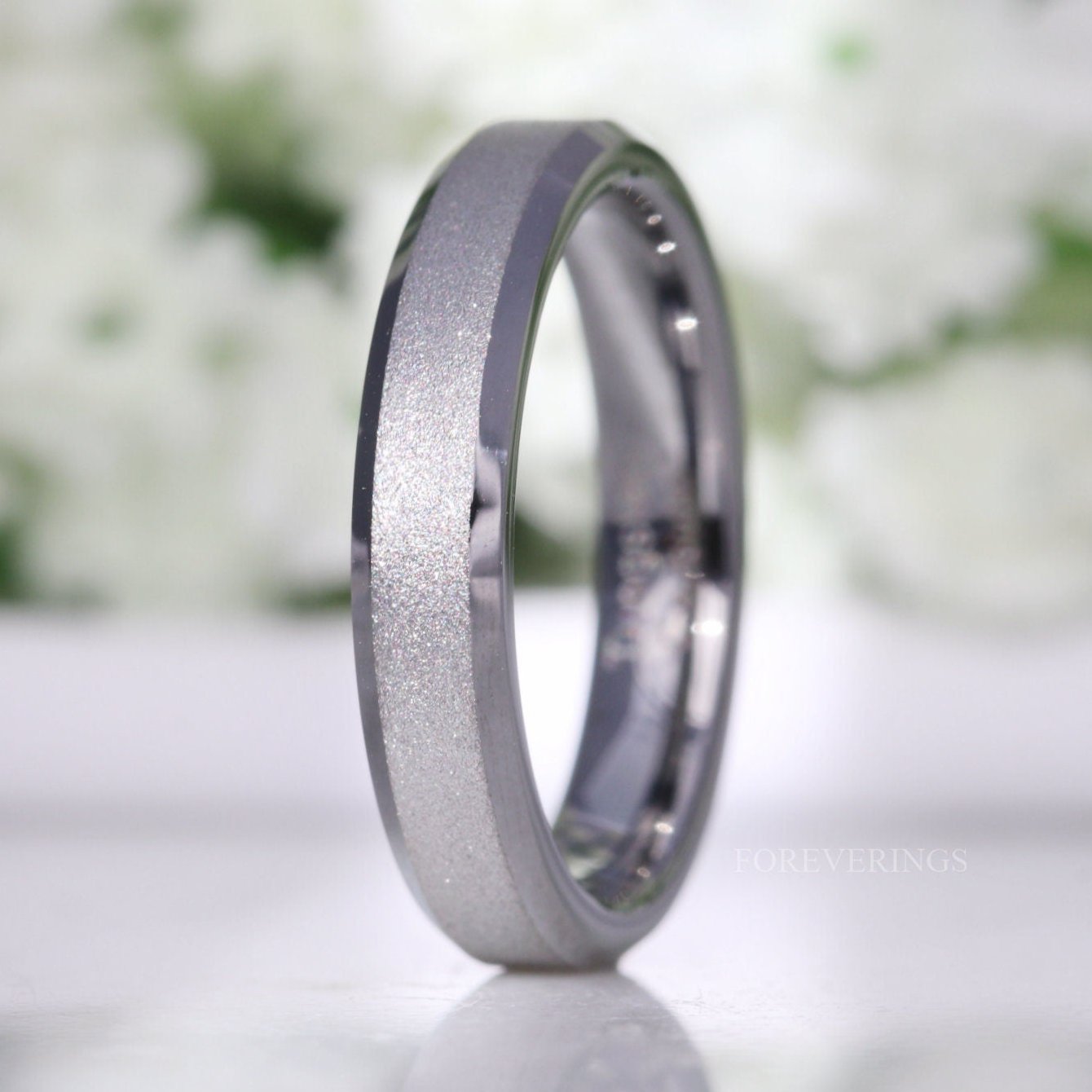 Silver Sandblasted Ring, 4mm Tungsten Band, Mens Womens Wedding Band, Simple and Unique Silver Ring, Flat, Beveled, Custom Engraved Ring