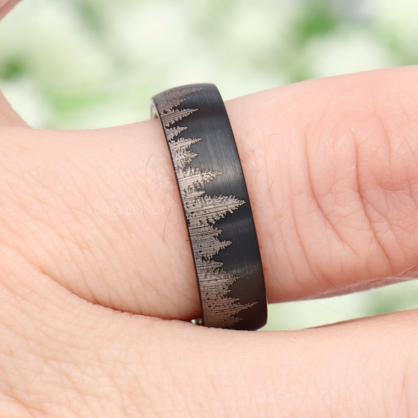 Man Wood Whiskey Barrel Ring, Black Forest Tree Ring, Men Tungsten Wedding Band, Pine Tree, Black, Nature Landscape Ring, Comfort Fit, Dome