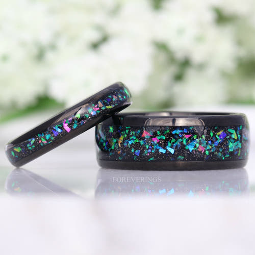 Matching black tungsten couples ring set with galaxy opal inlay, 8mm and 4mm