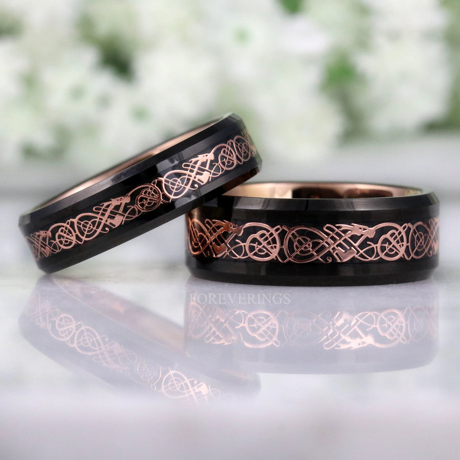 Black and rose gold dragon pattern tungsten bands in two widths, 8mm and 6mm