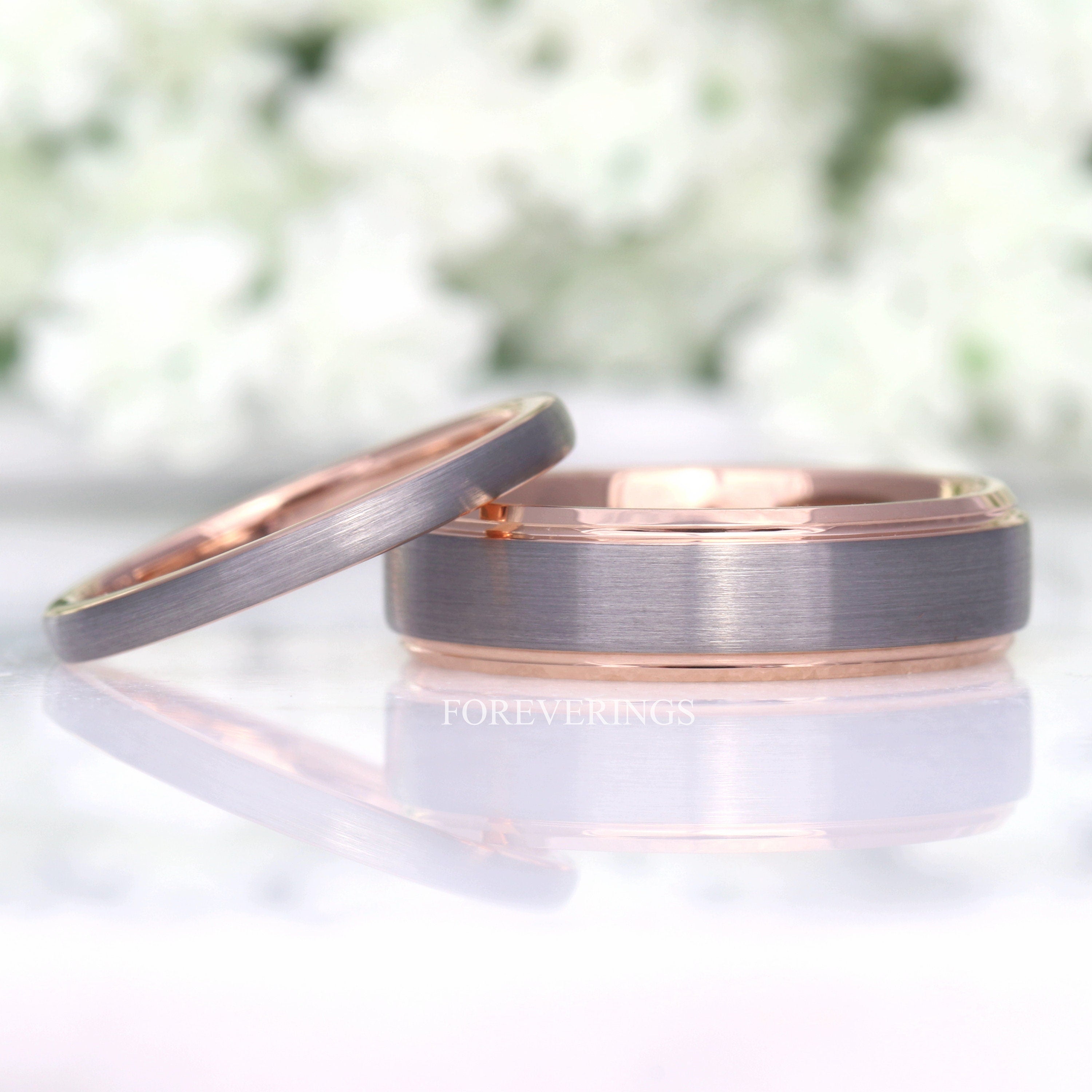 His and Hers Tungsten Wedding Band Set, 2mm & 6mm, Silver Tungsten Ring, Rose Gold Plated, Couples Rings, Smooth Flat, Brushed, Comfort Fit