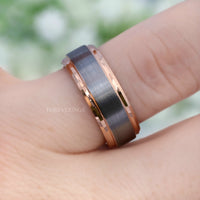 His and Hers Tungsten Wedding Band Set, Couples Rings, 2mm & 8mm, Men Women Ring, Comfort Fit, Brushed Matte, Smooth, Rose Gold Plated Band
