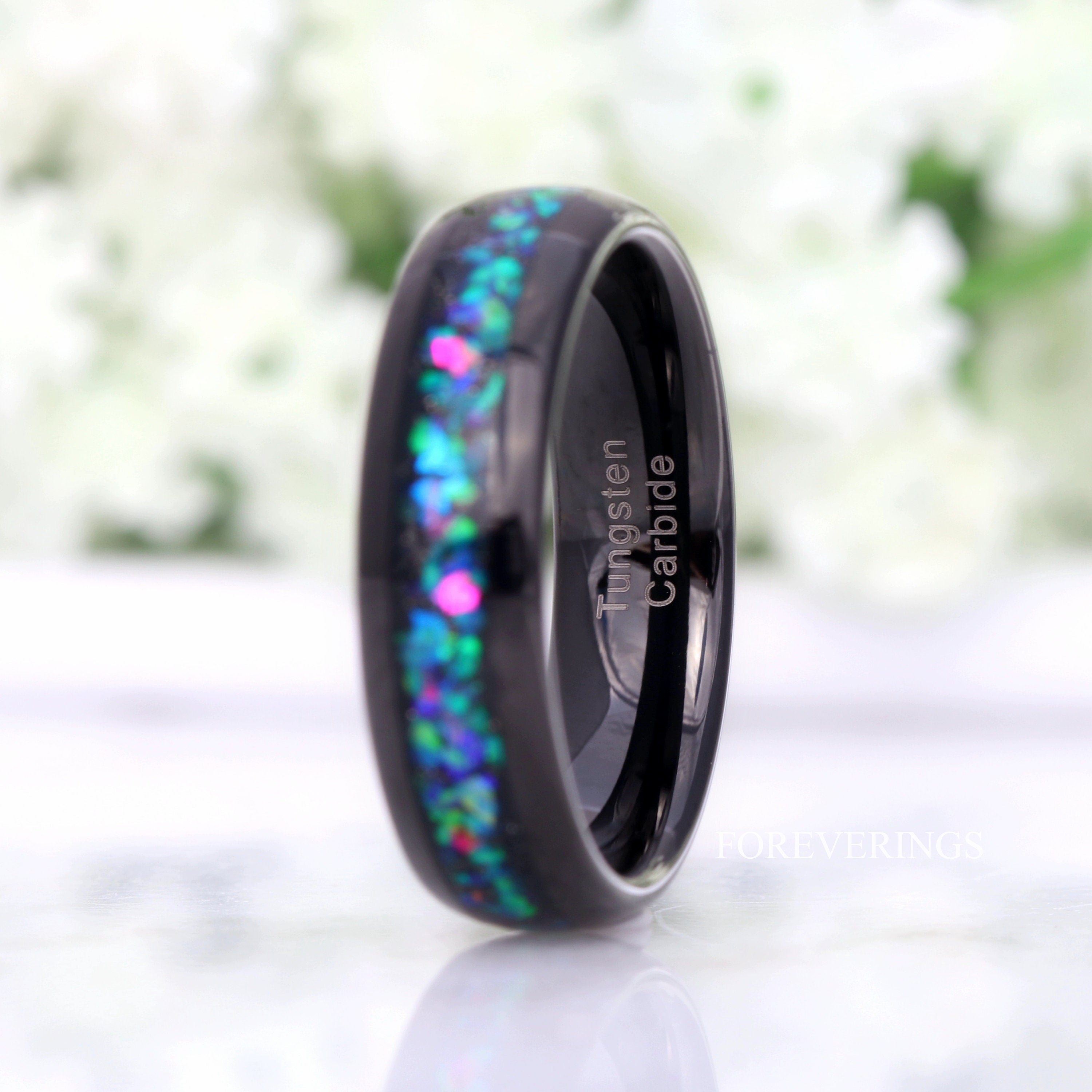 Galaxy Opal Ring, Black Tungsten Wedding Band, 6mm Band, Men Women Ring, Domed, Polished, Comfort Fit, Birthday Anniversary Gift for Him