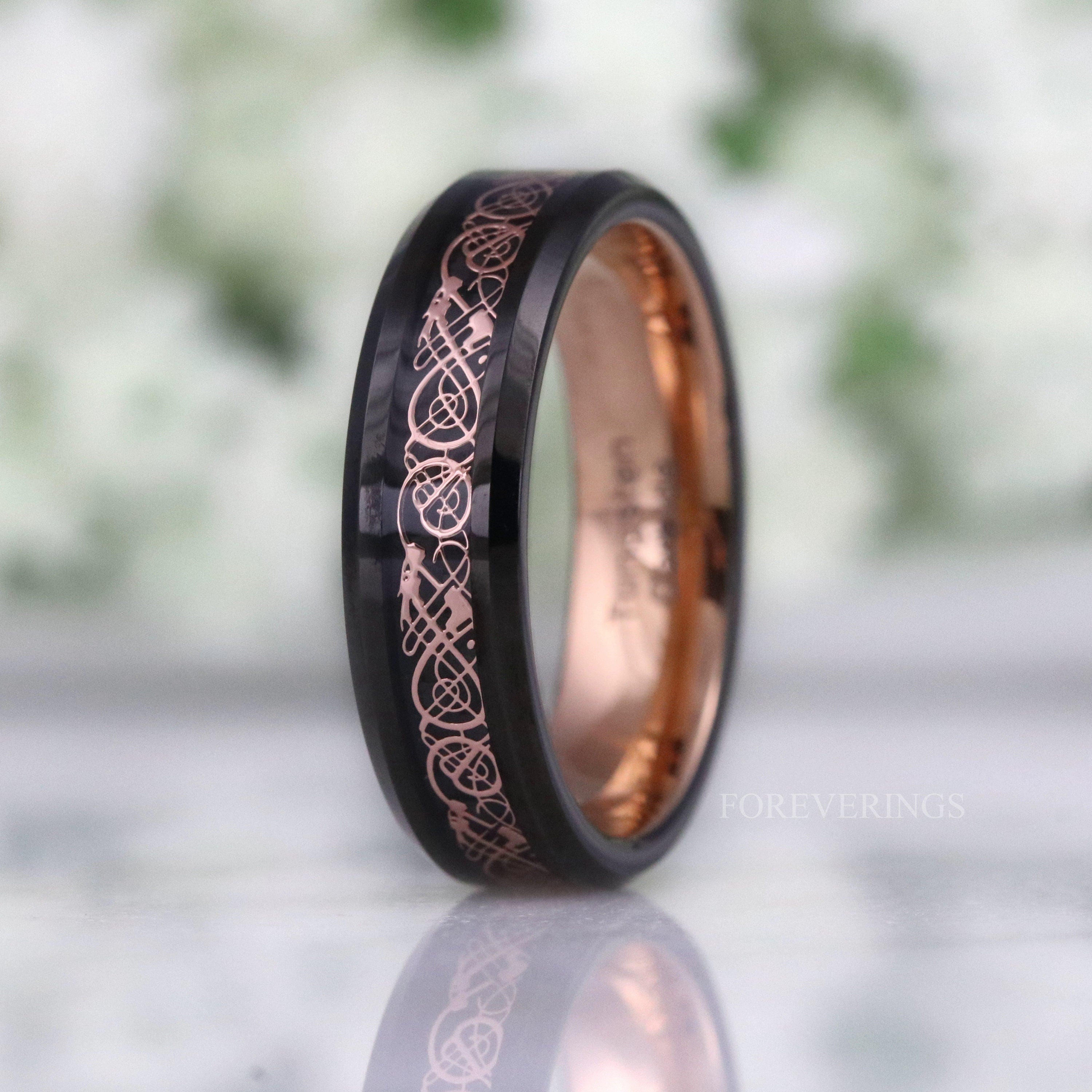 Mens Celtic Ring, Tungsten Wedding Band, Black and Rose Gold, Viking Dragon Inlay, Man Engagement Ring, Promise Ring for Him, Ring Engraving