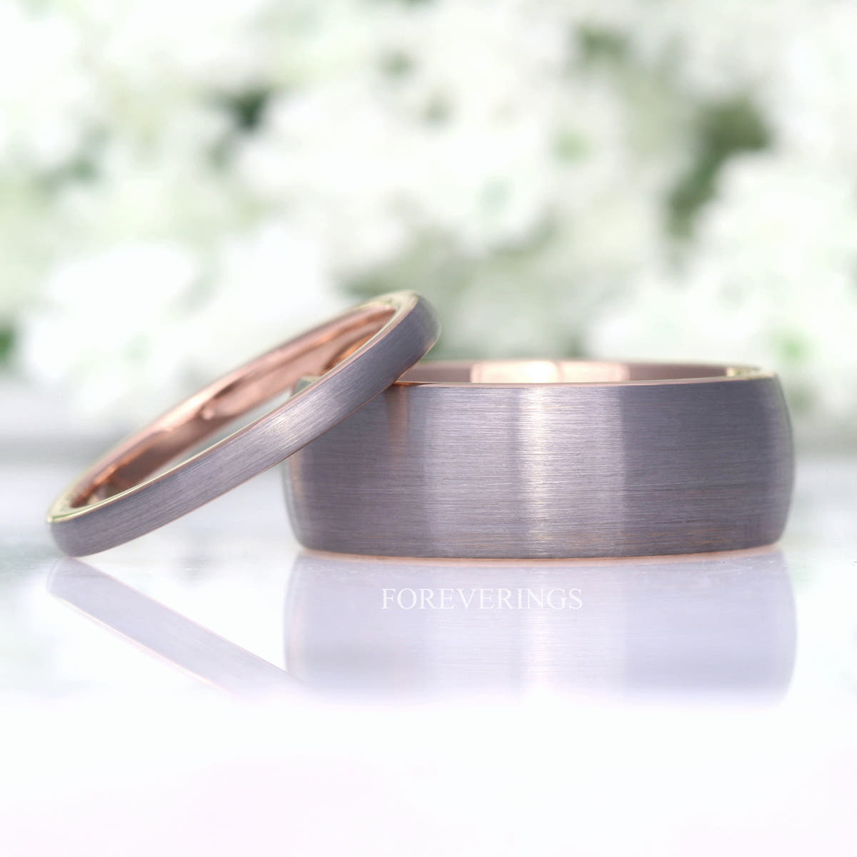 Matching two-tone silver and rose gold tungsten couples ring set, 8mm and 2mm, brushed dome