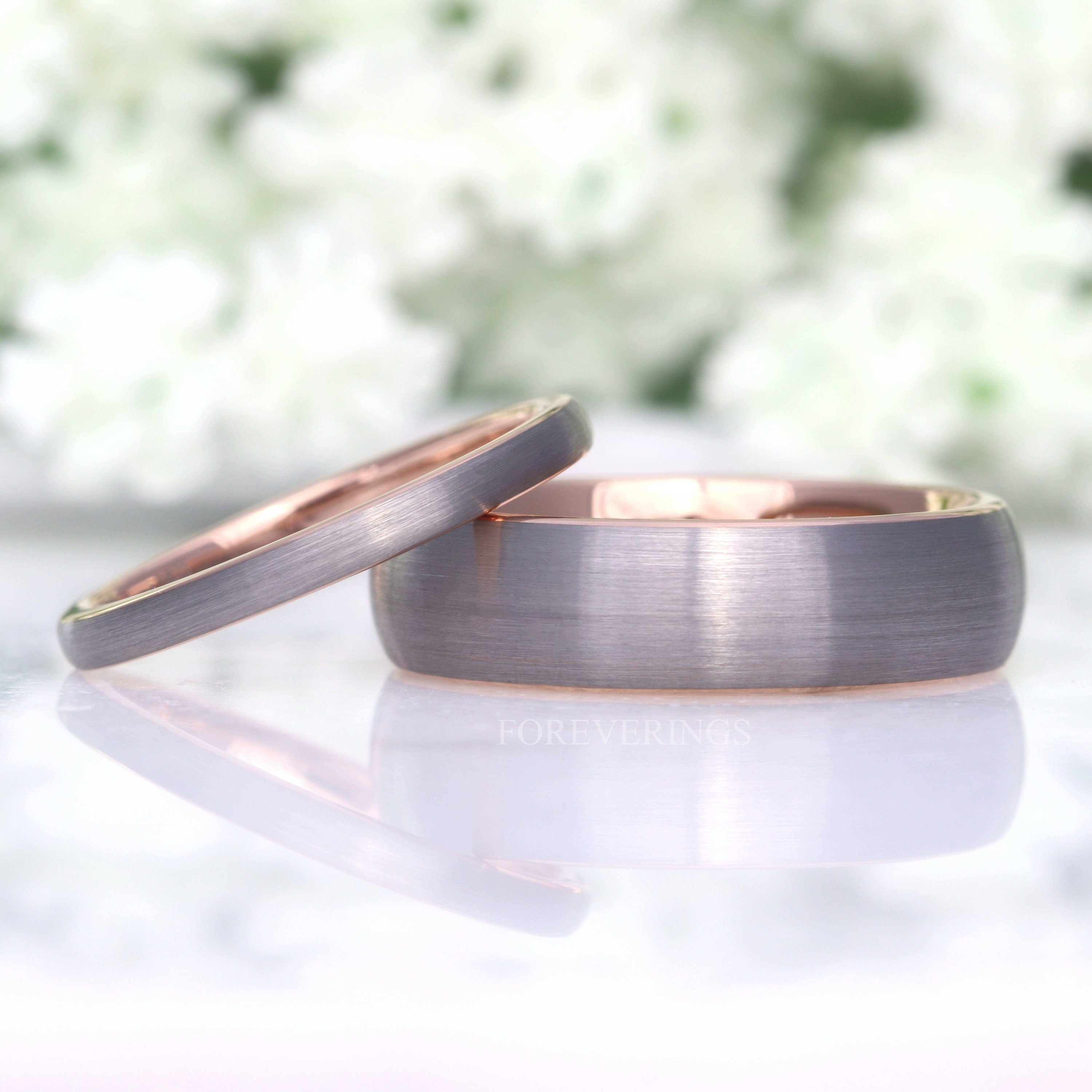 His and Hers Tungsten Wedding Band Set, 6mm-2mm Two-Tone Couples Rings, Silver and Rose Gold Band, Comfort Fit, Smooth, Dome, Matte Brush