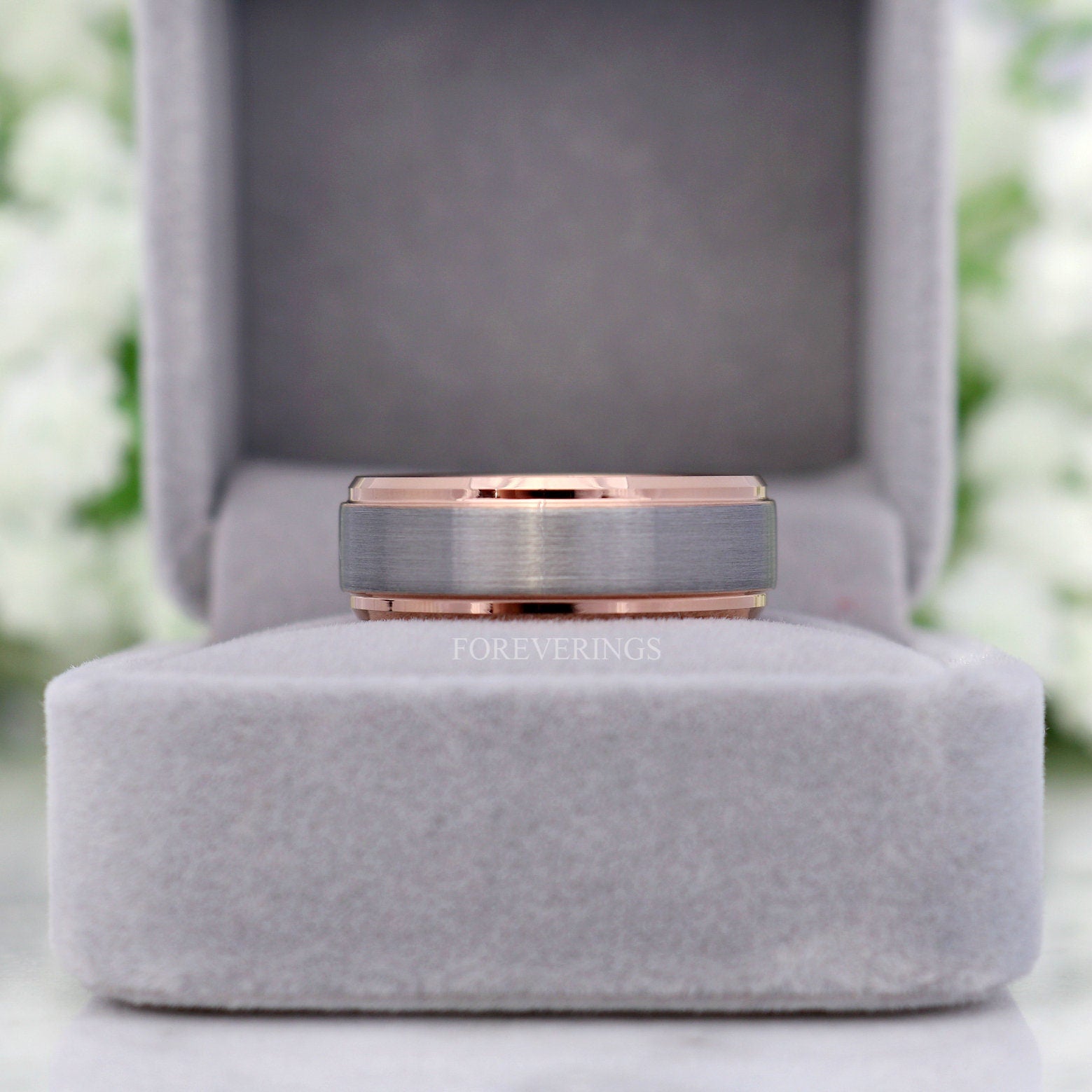 His and Hers Tungsten Wedding Band Set, Couples Rings, 2mm & 8mm, Men Women Ring, Comfort Fit, Brushed Matte, Smooth, Rose Gold Plated Band