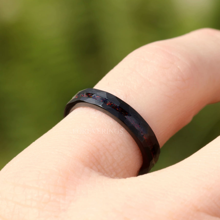 Black Fire Opal Offset Inlay Black Tungsten Ring | Hammered Wedding Band