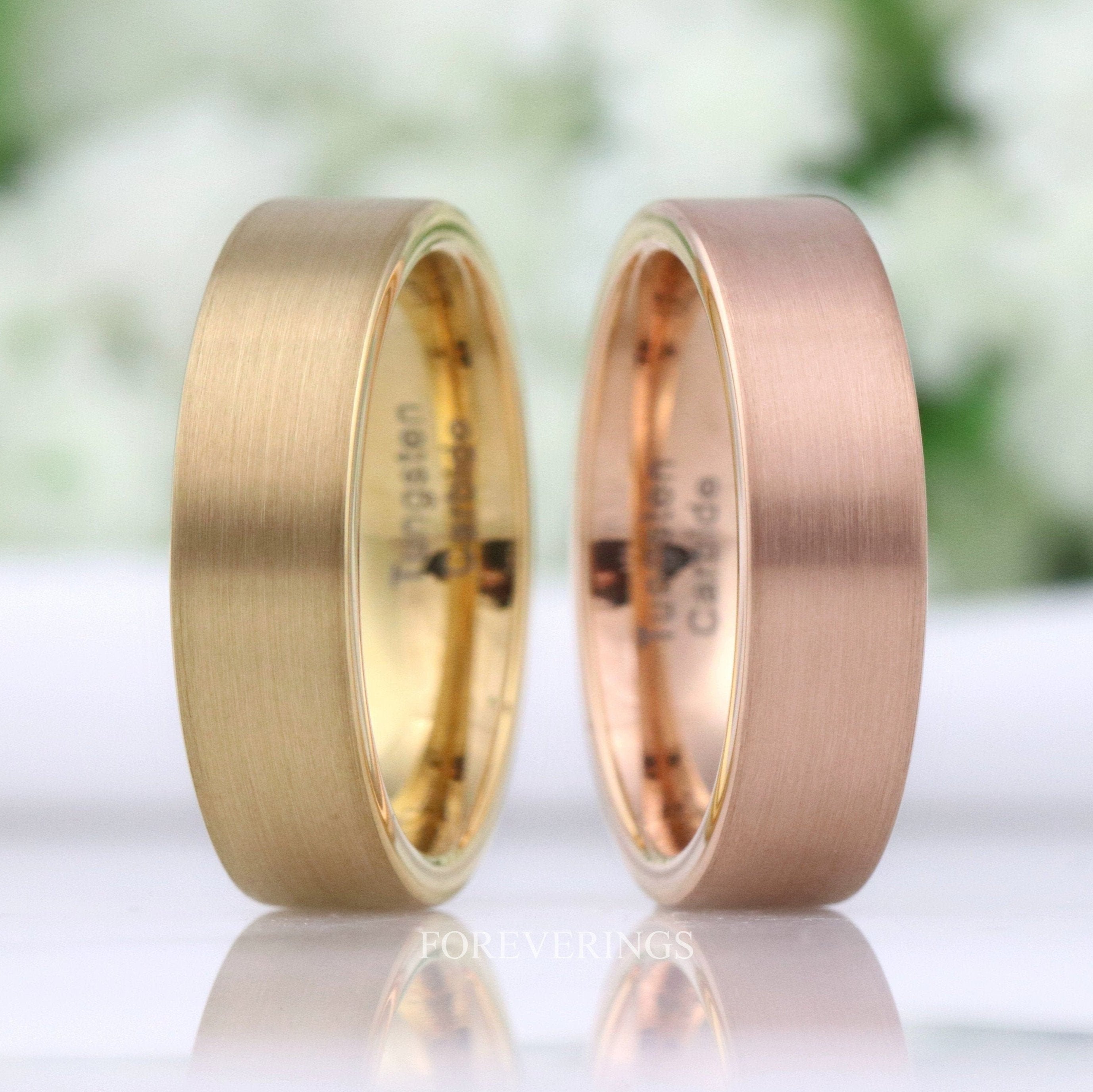 Mens Brushed Gold Ring, 6mm Mens Wedding Band, Rose Gold or Yellow Gold Tungsten Ring, Matte Flat Band, Classic Ring for Him, Ring Engraving