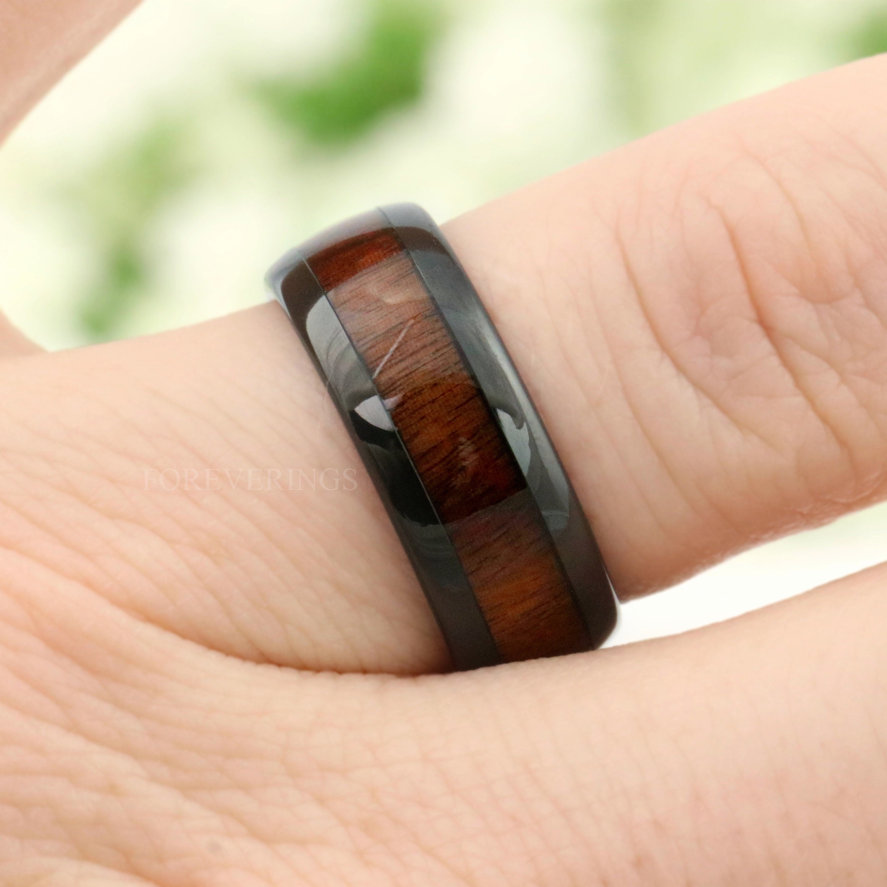 Koa Wood Ring Men, Black Wedding Band, 8mm Black Tungsten Ring, Nature Ring, Metal and Wood, Polished, Dome, Wood Anniversary Gift for Him