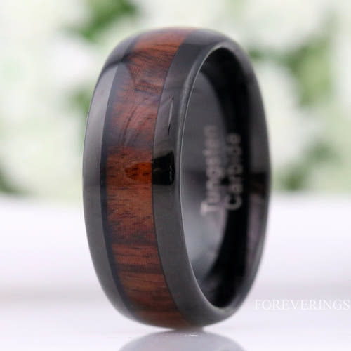 Men's 8mm black tungsten wedding band with koa wood inlay, polished dome
