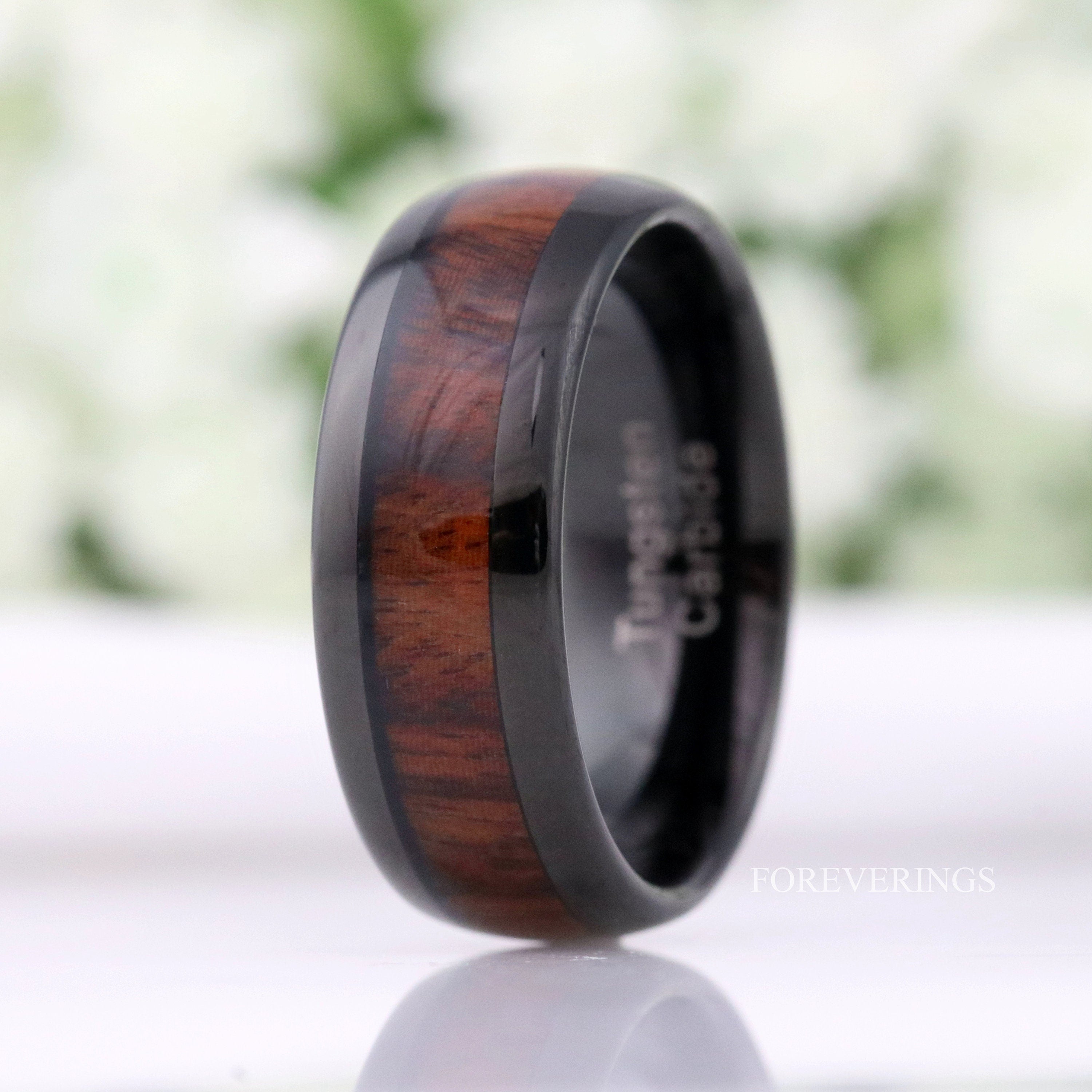 Koa Wood Ring Men, Black Wedding Band, 8mm Black Tungsten Ring, Nature Ring, Metal and Wood, Polished, Dome, Wood Anniversary Gift for Him