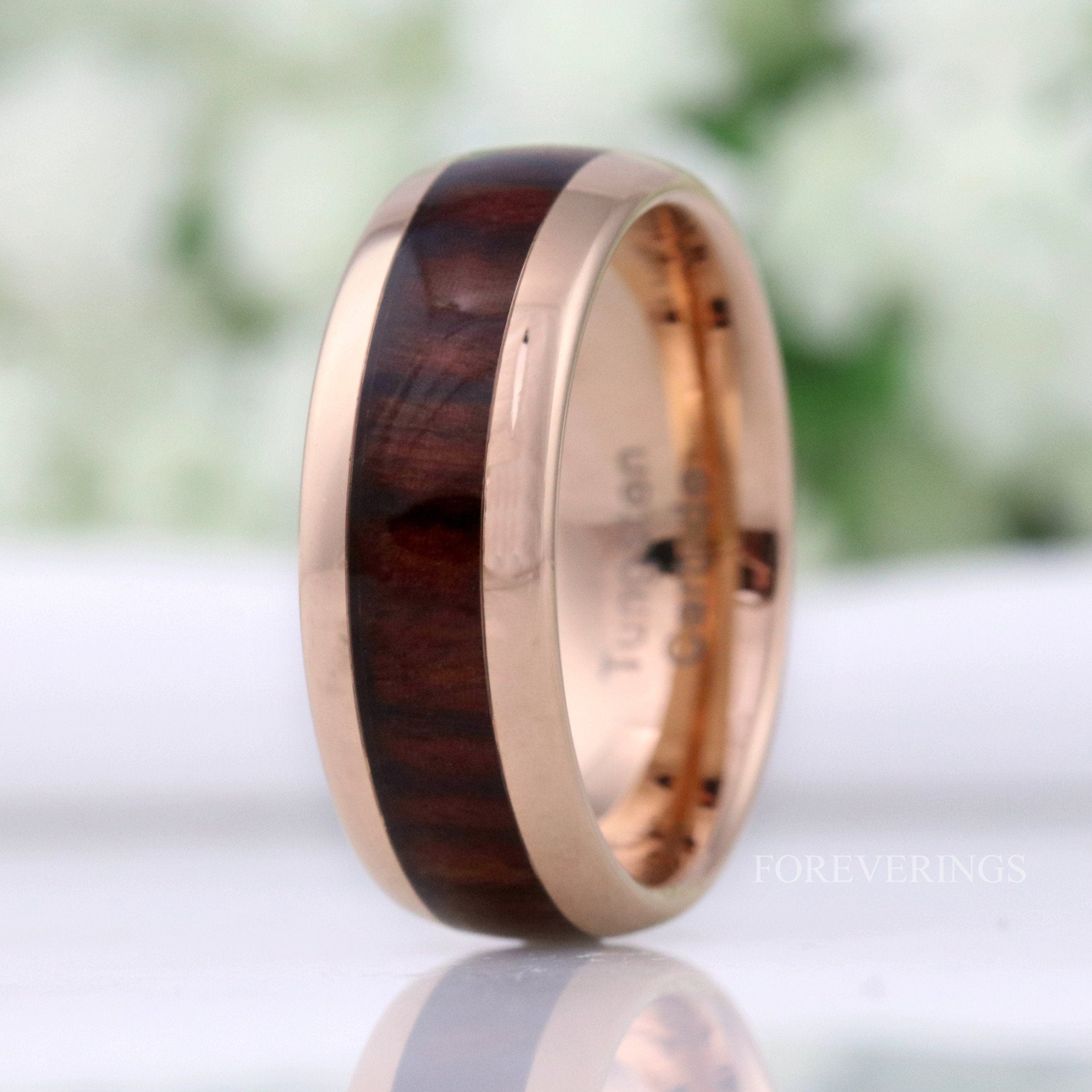 Koa Wood Ring, Men Wedding Band, 8mm Rose Gold Tungsten Ring, Nature Ring, Comfort Fit, Polished, Dome, Wood Anniversary Gift for Him