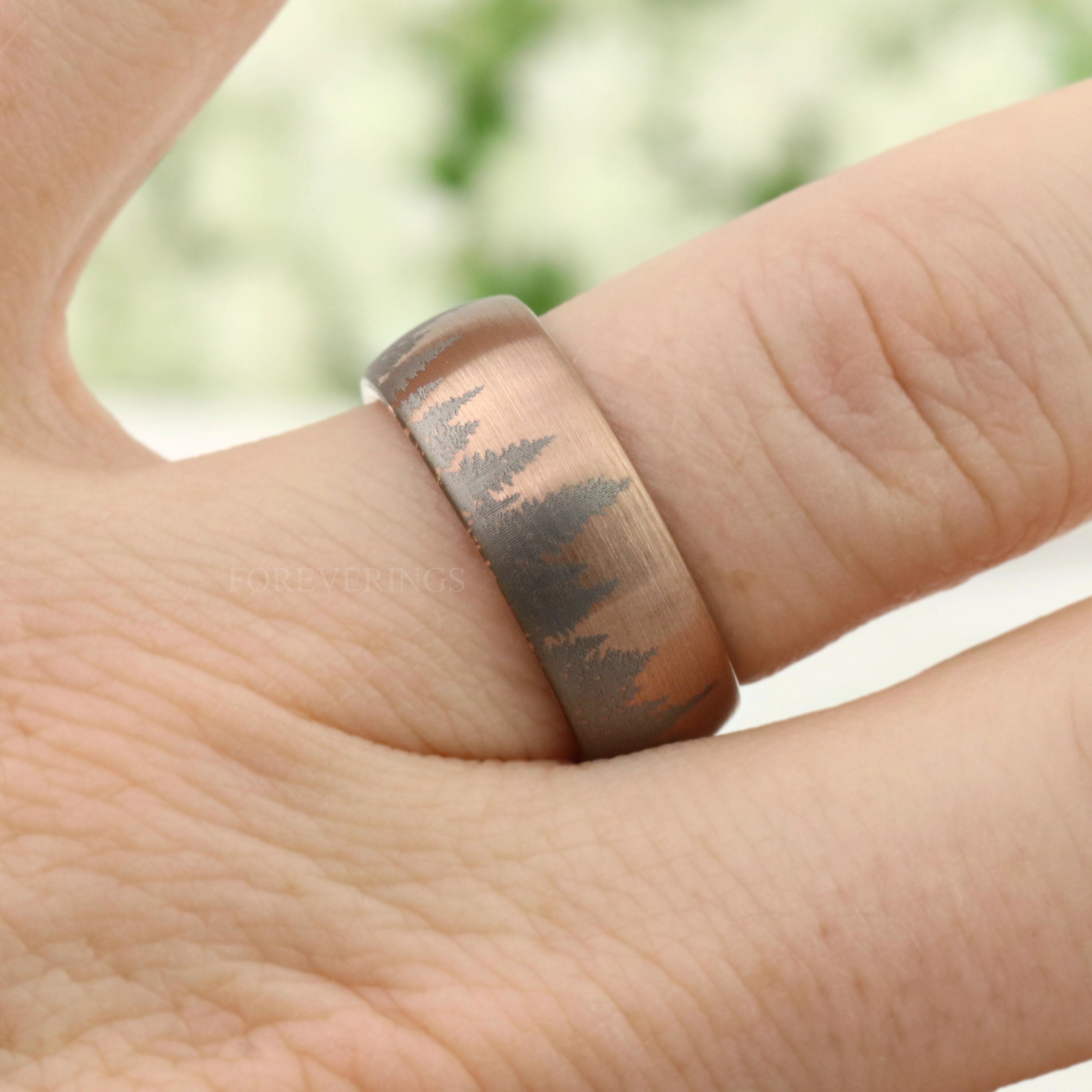 Rose Gold Forest Tree Ring, Mens Wedding Band, 8mm 6mm, Matte Rose Gold Tungsten Ring, Unique Nature Pine Tree Landscape, Ring Engraving