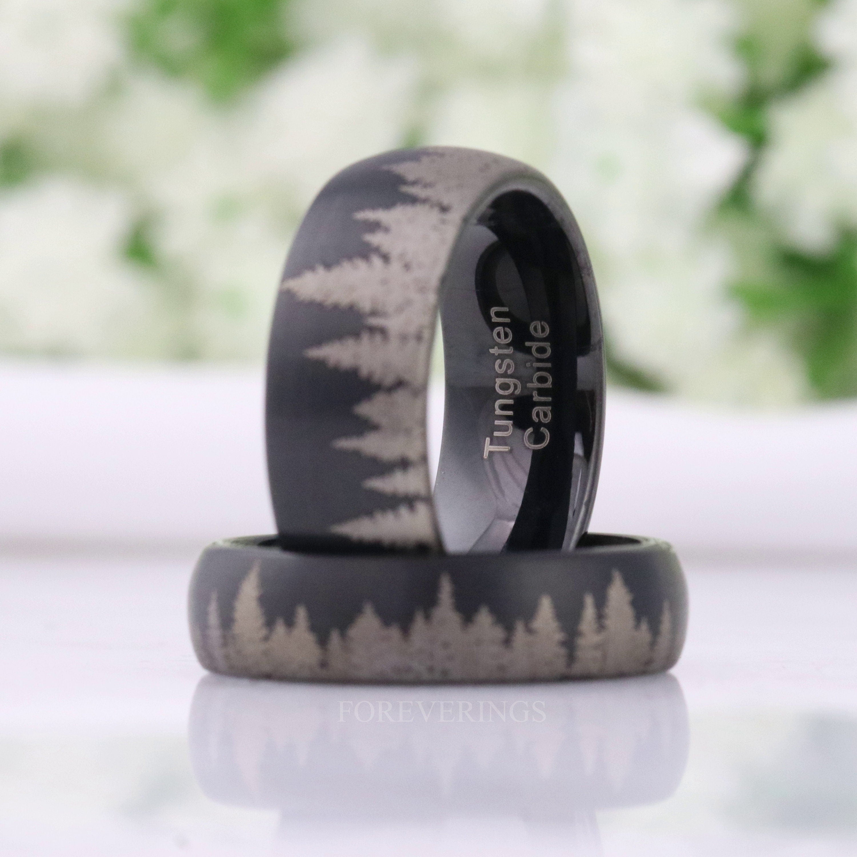 Mens Black Forest Ring, Tree Wedding Band, Matte Black Tungsten Ring, 8mm-6mm Mens Wedding Band, Pine Landscape Ring, Custom Engraved Ring