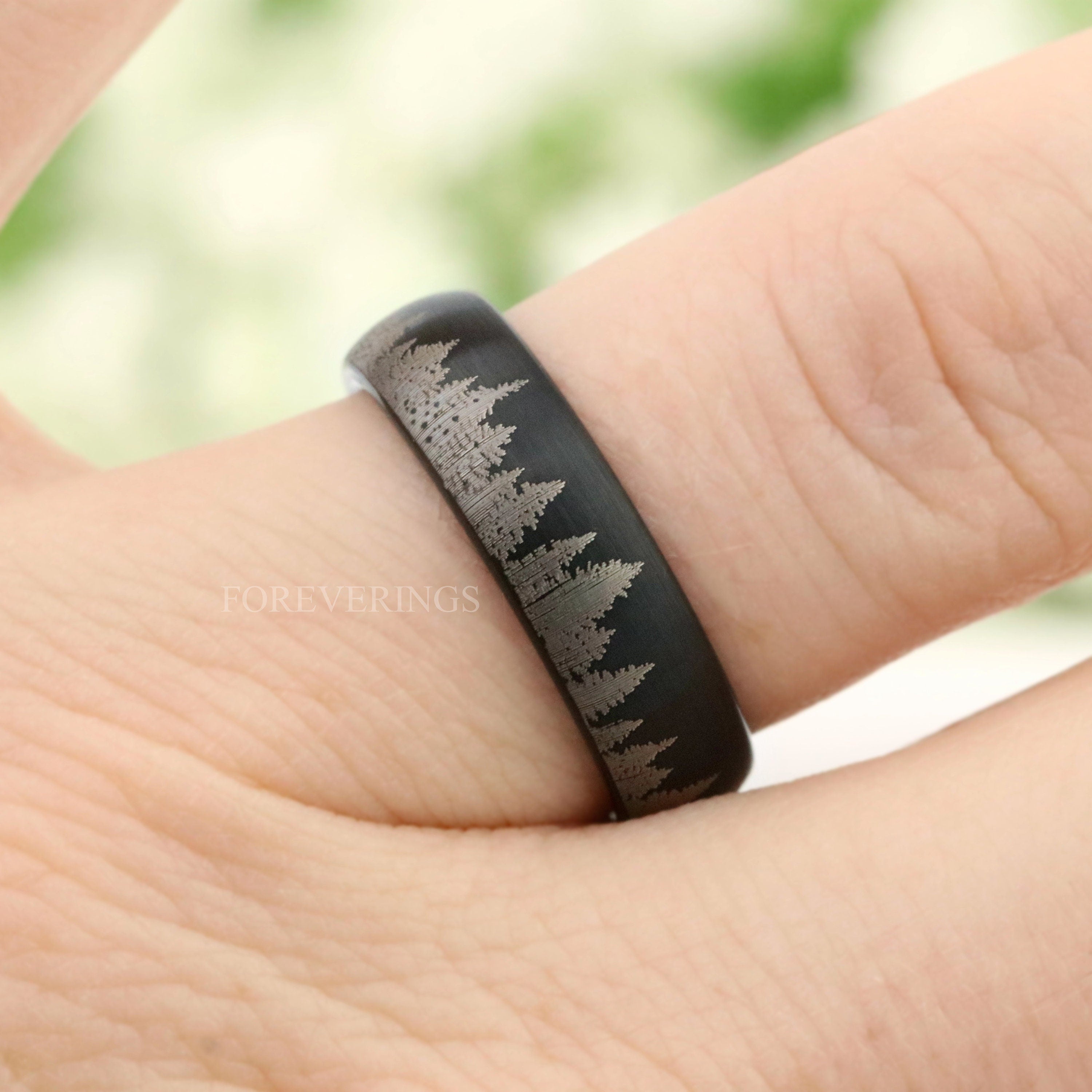 Mens Black Forest Ring, Tree Wedding Band, Matte Black Tungsten Ring, 8mm-6mm Mens Wedding Band, Pine Landscape Ring, Custom Engraved Ring