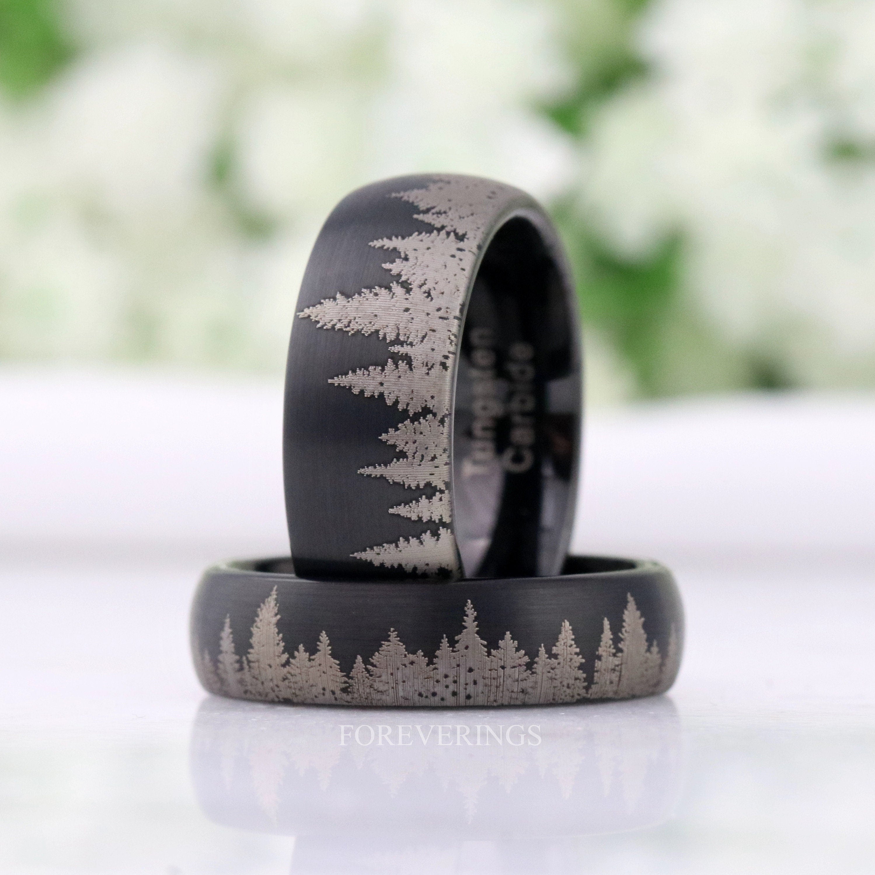 Mens Black Forest Ring, Tree Wedding Band, Matte Black Tungsten Ring, 8mm-6mm Mens Wedding Band, Pine Landscape Ring, Custom Engraved Ring